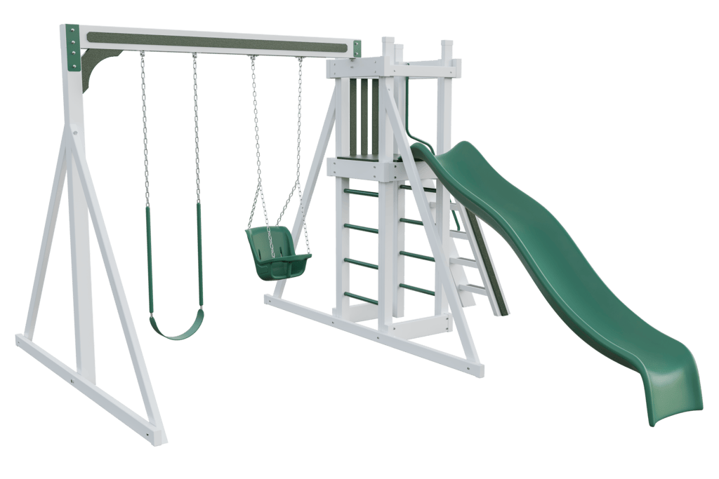 Basecamp 22 playset: white wood frame, green slide & swing set, climbing ladder.