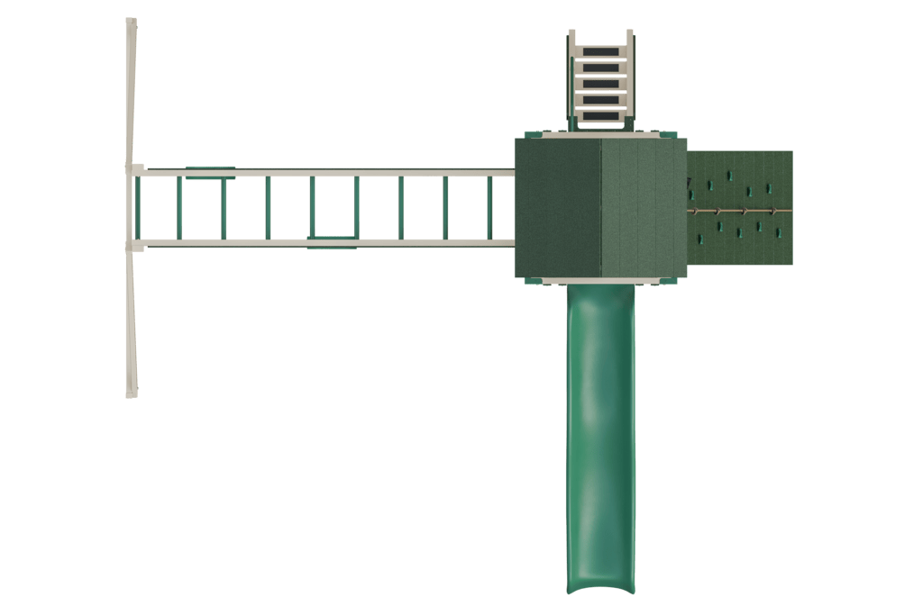 Overhead view of a green and beige children's playset with ladder and slide.