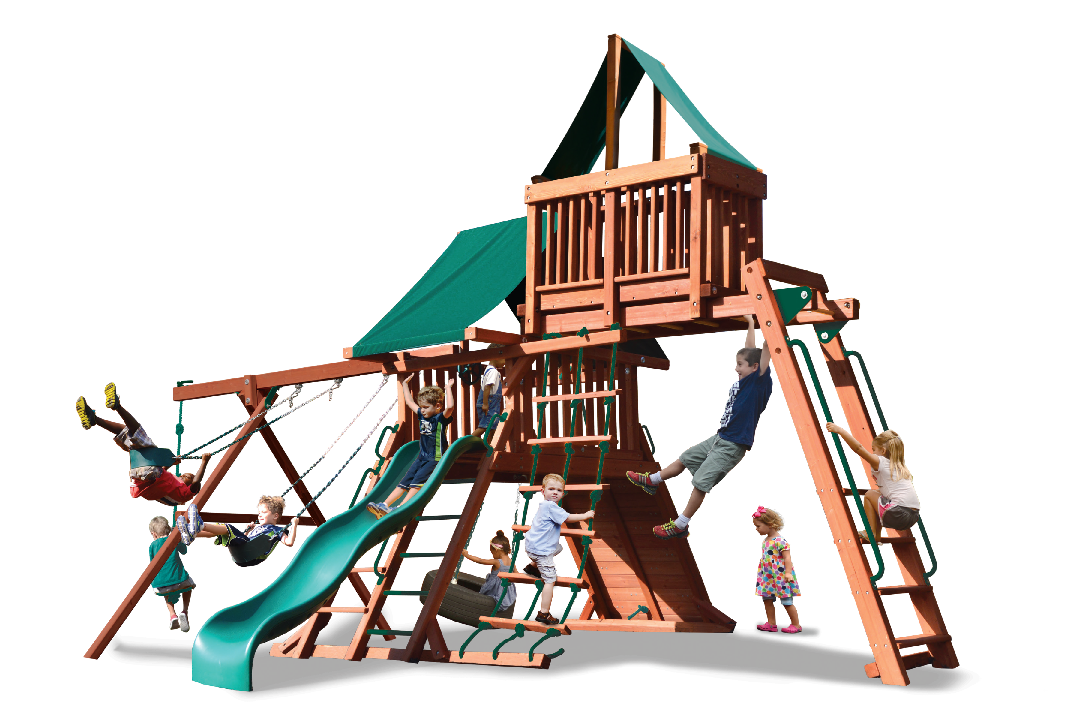 Original Playcenter Combo 4 (15E) wooden playset with swings, slide, climbing wall, and covered platform.