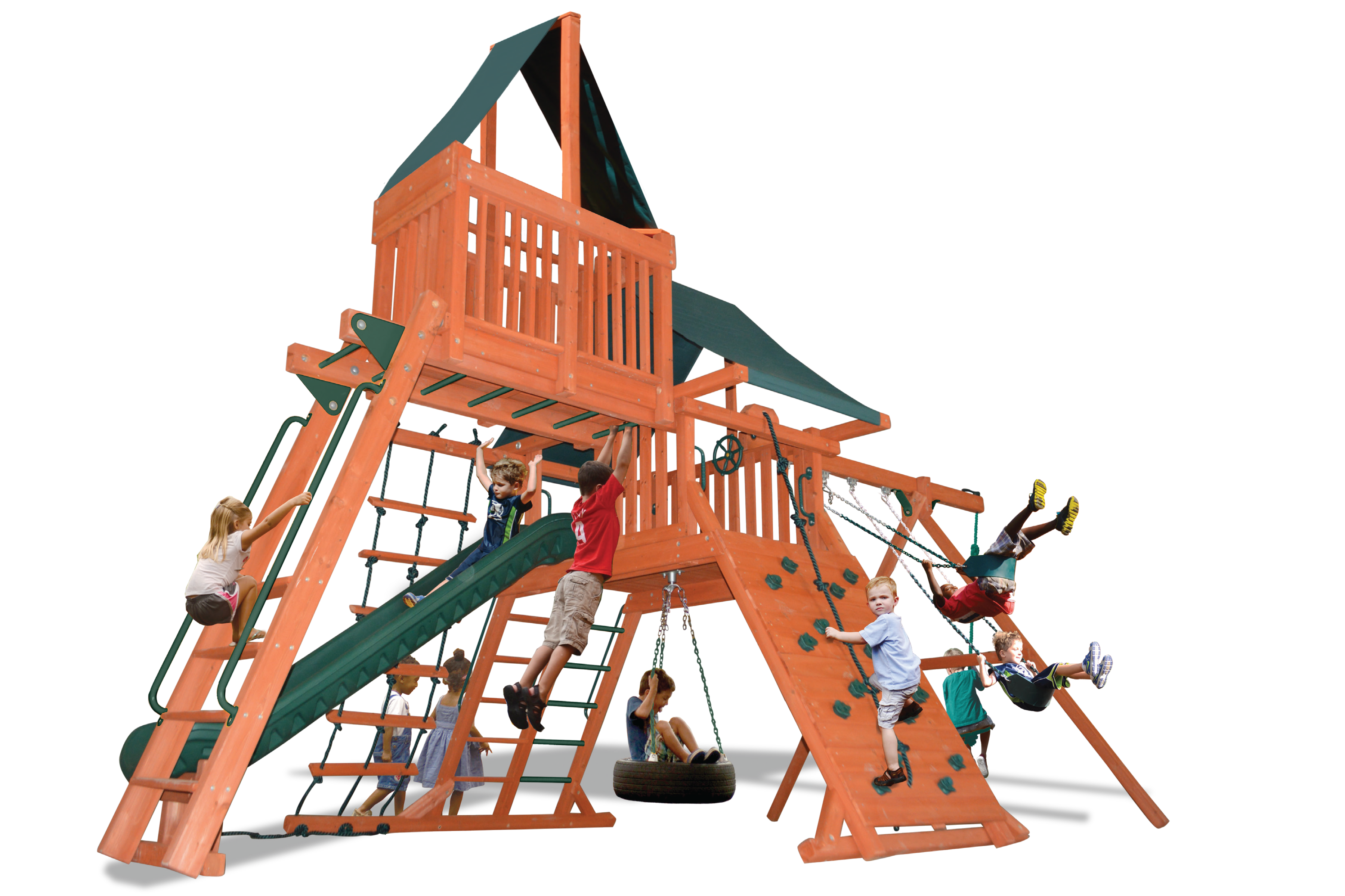 Turbo Original Playcenter Combo 4 (19D):  Wooden playset with slide, swings, climbing wall, & rope ladder; perfect for backyard fun.