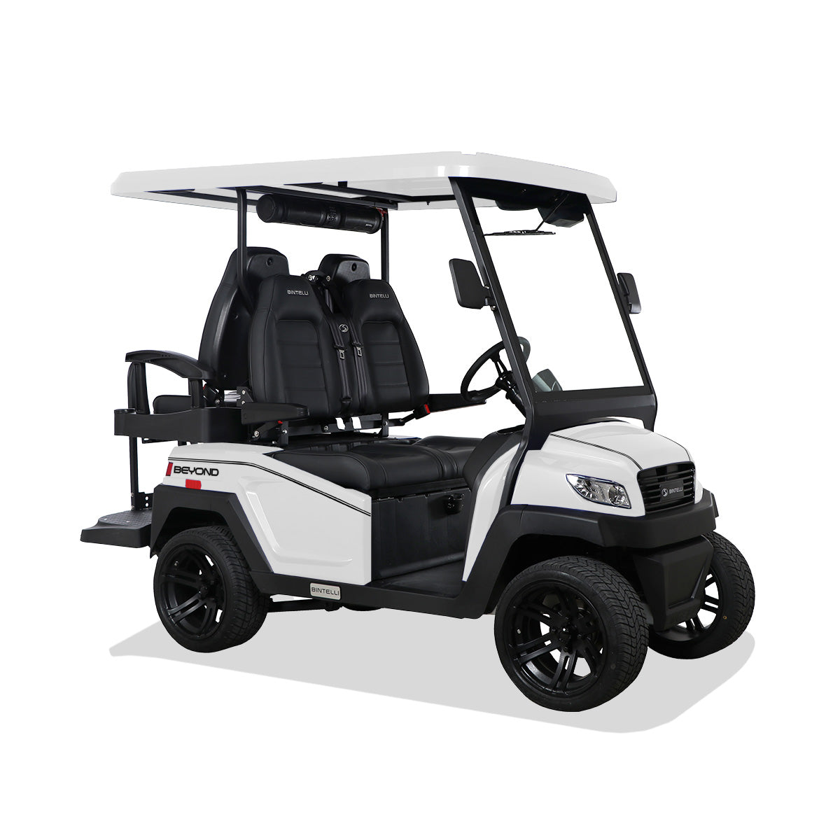 Beyond 4 EV golf cart, white with black seats & wheels, enclosed design