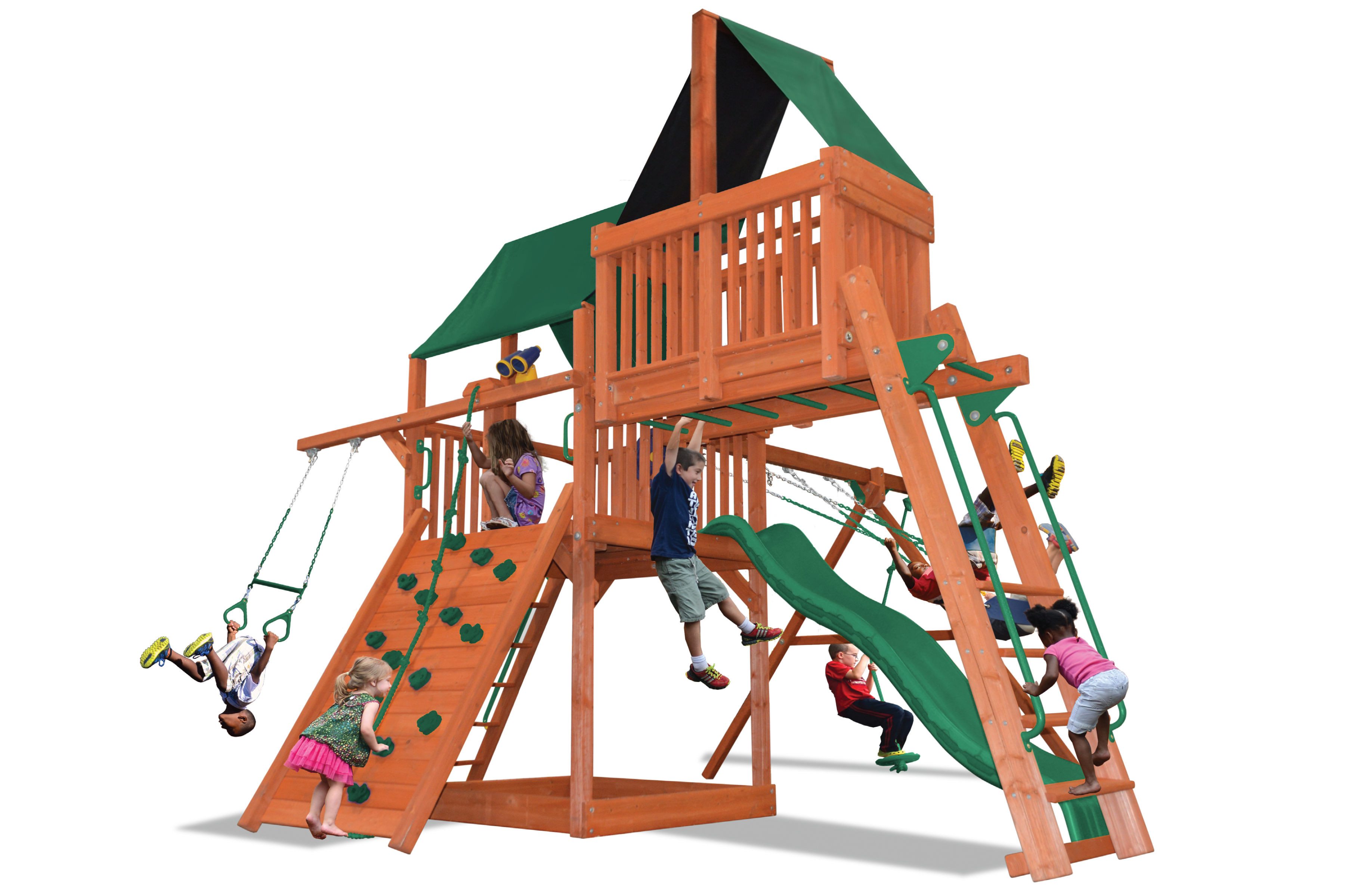 Deluxe Fort Combo 4 (21E) wooden playset: swings, slide, climbing wall, monkey bars.