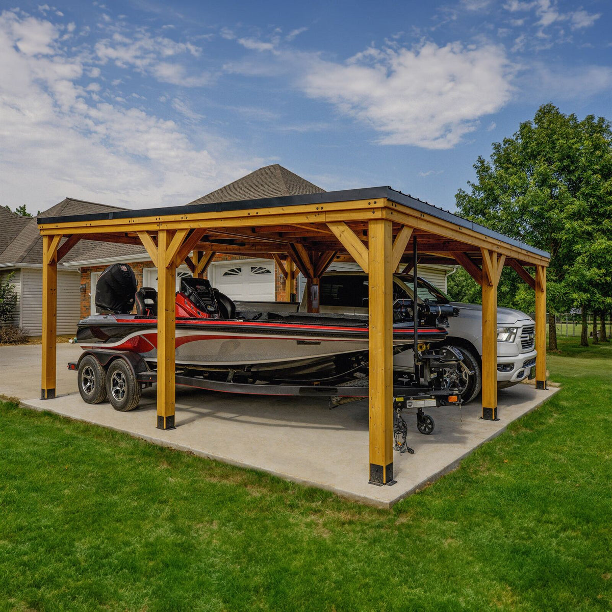 キャンパルジャパン アルミカーゴベン 20x20 Carport | Kingsport Cedar Carport with Steel Roof