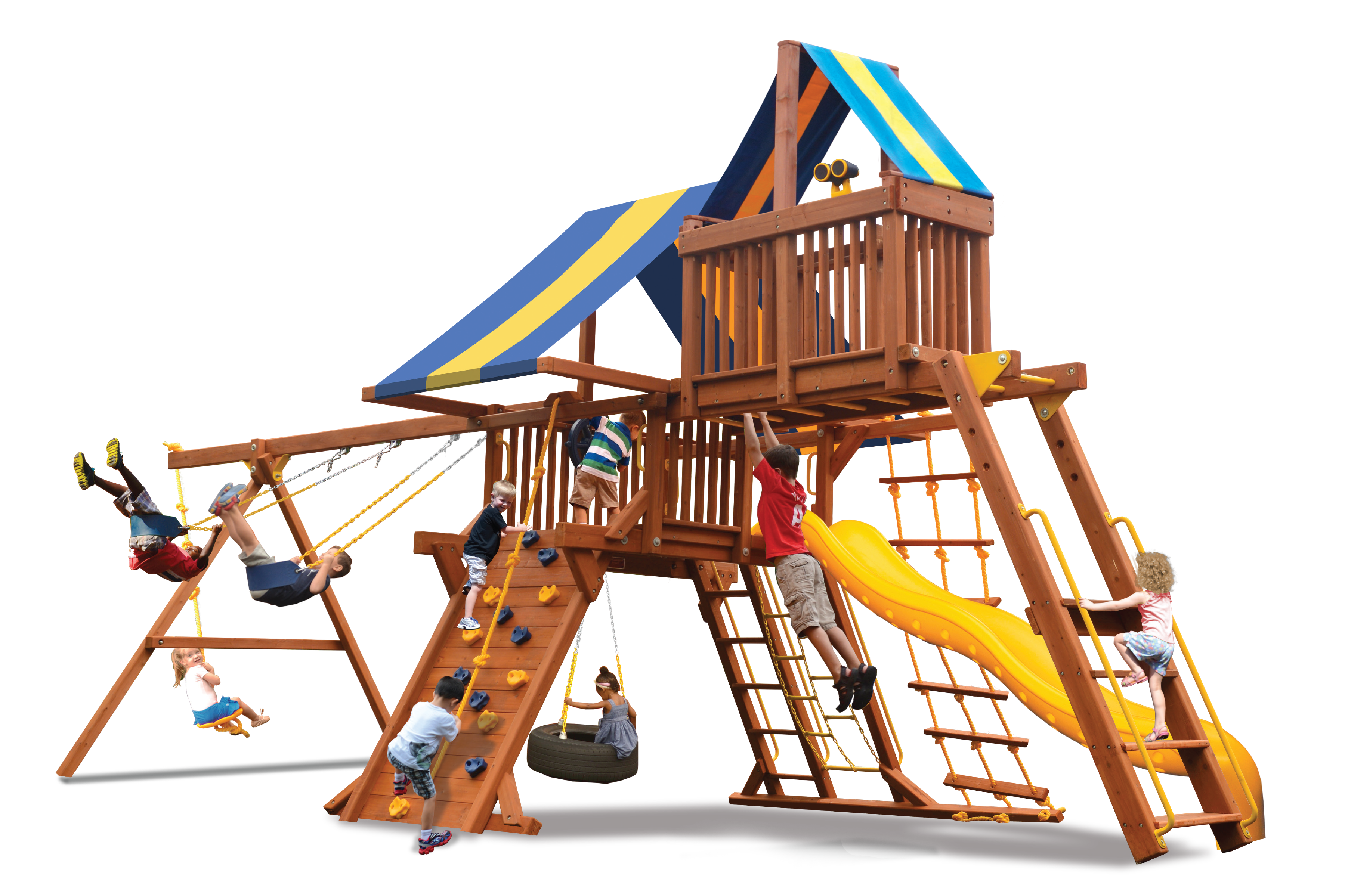 Deluxe Playcenter Combo 4 (23E): Wooden playset with swings, slide, rock wall, and climbing features for kids.