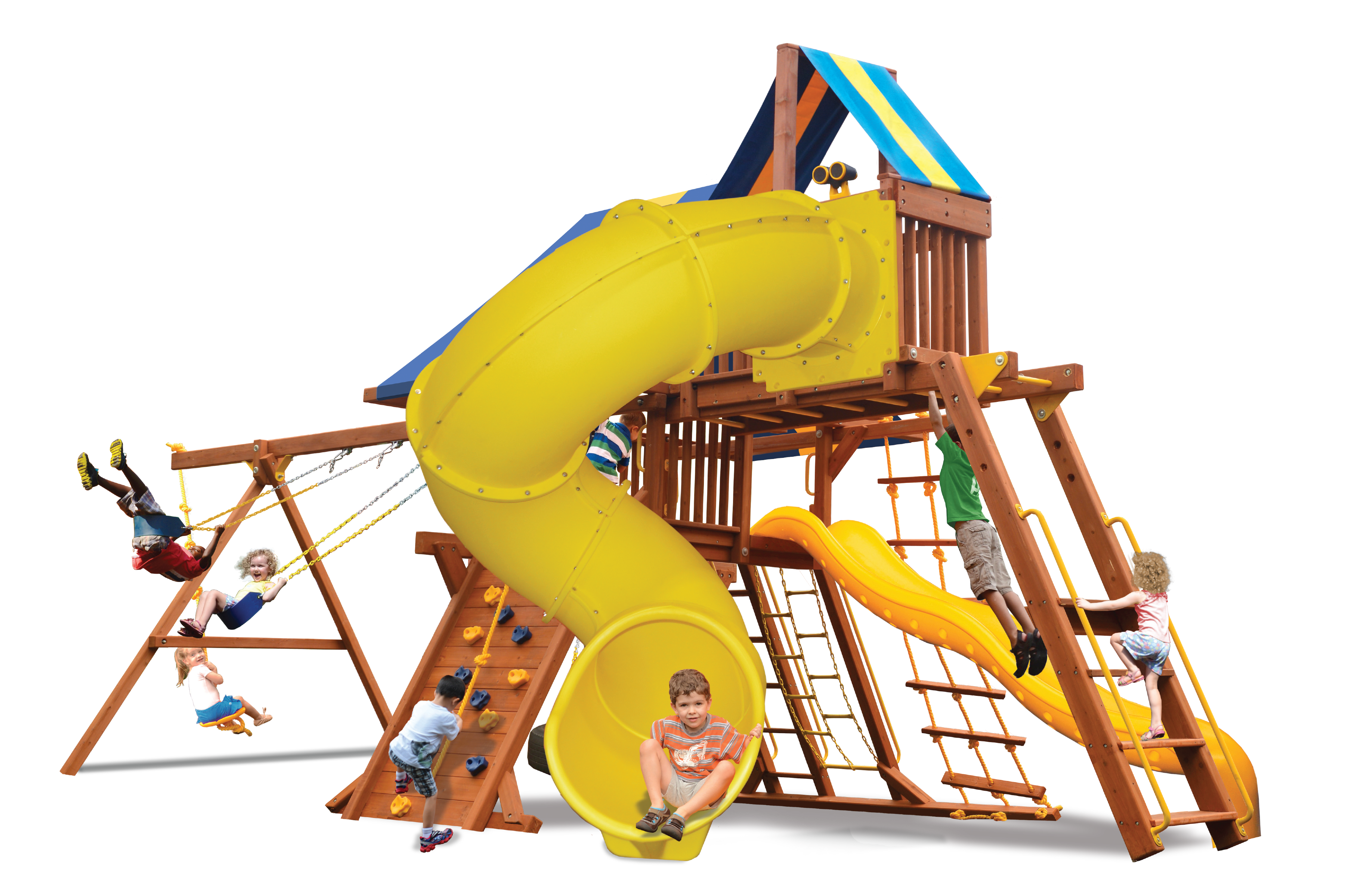 Deluxe Playcenter Combo 5 (23F): Wooden playset with 2 slides, swings, & climbing wall; perfect for backyard fun.