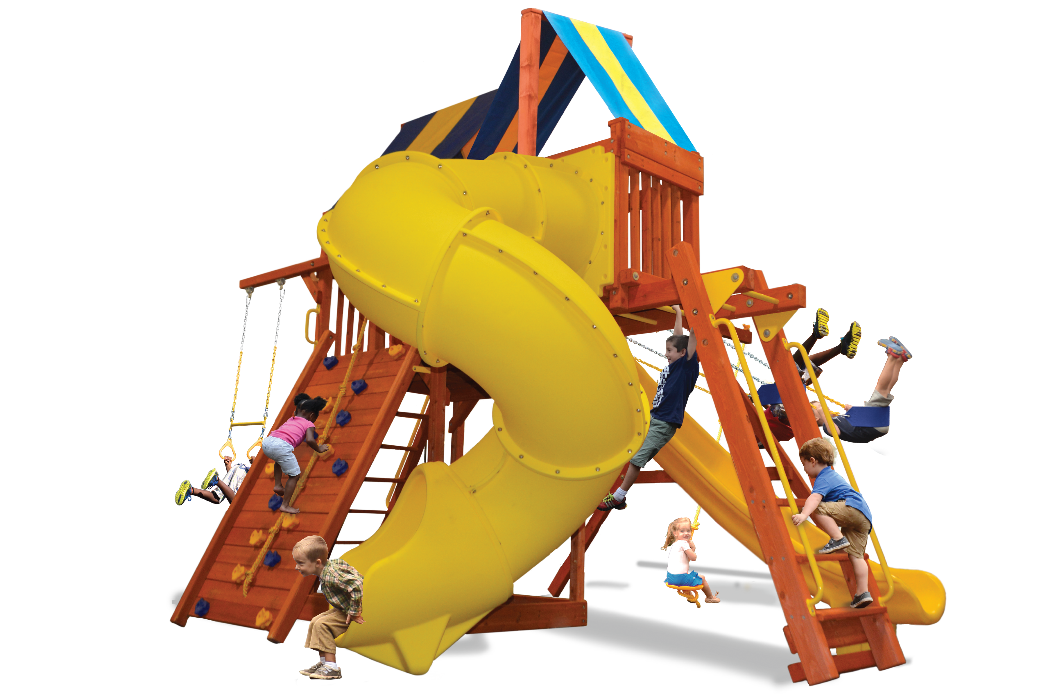 Supreme Fort Combo 5 (29F) playset:  Wooden frame, yellow slide, climbing wall, swings—fun for kids!