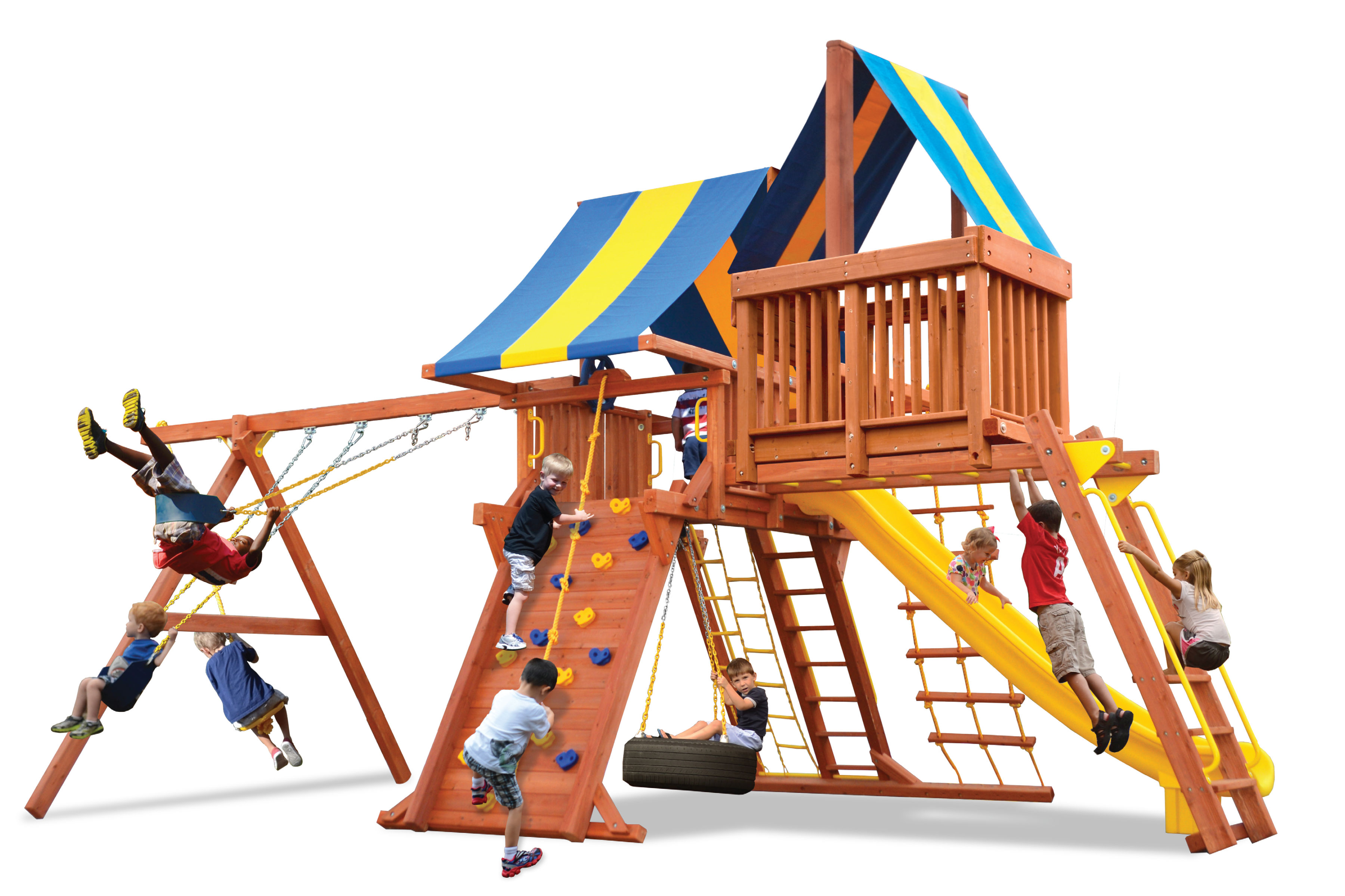 Supreme Playcenter Combo 4 (31E): Wooden playset with swings, slide, climbing wall, & tire swing; perfect for backyard fun.