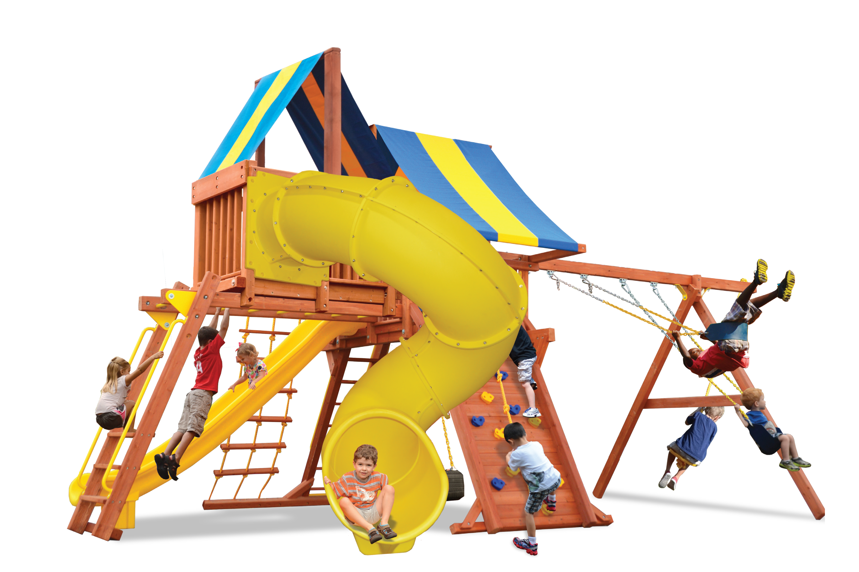 Supreme Playcenter Combo 5 (31F): Wooden playset with yellow slides, climbing wall, swings, & blue/yellow canopy.  Perfect for active kids!