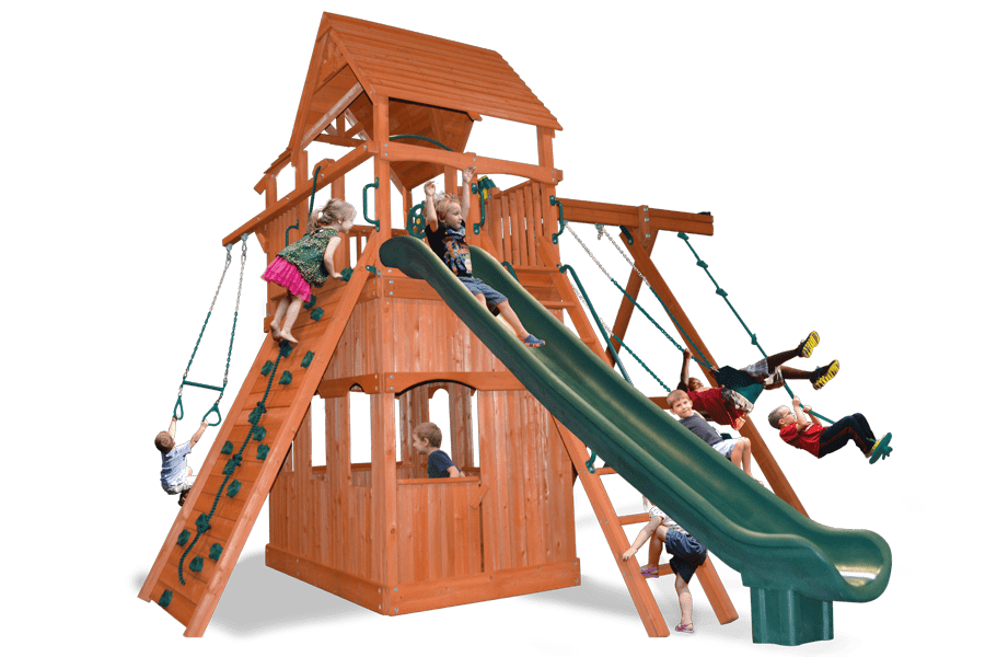 Extreme Fort Hangout (33C) playset: Wooden play structure with slide, climbing wall, and swings for kids.