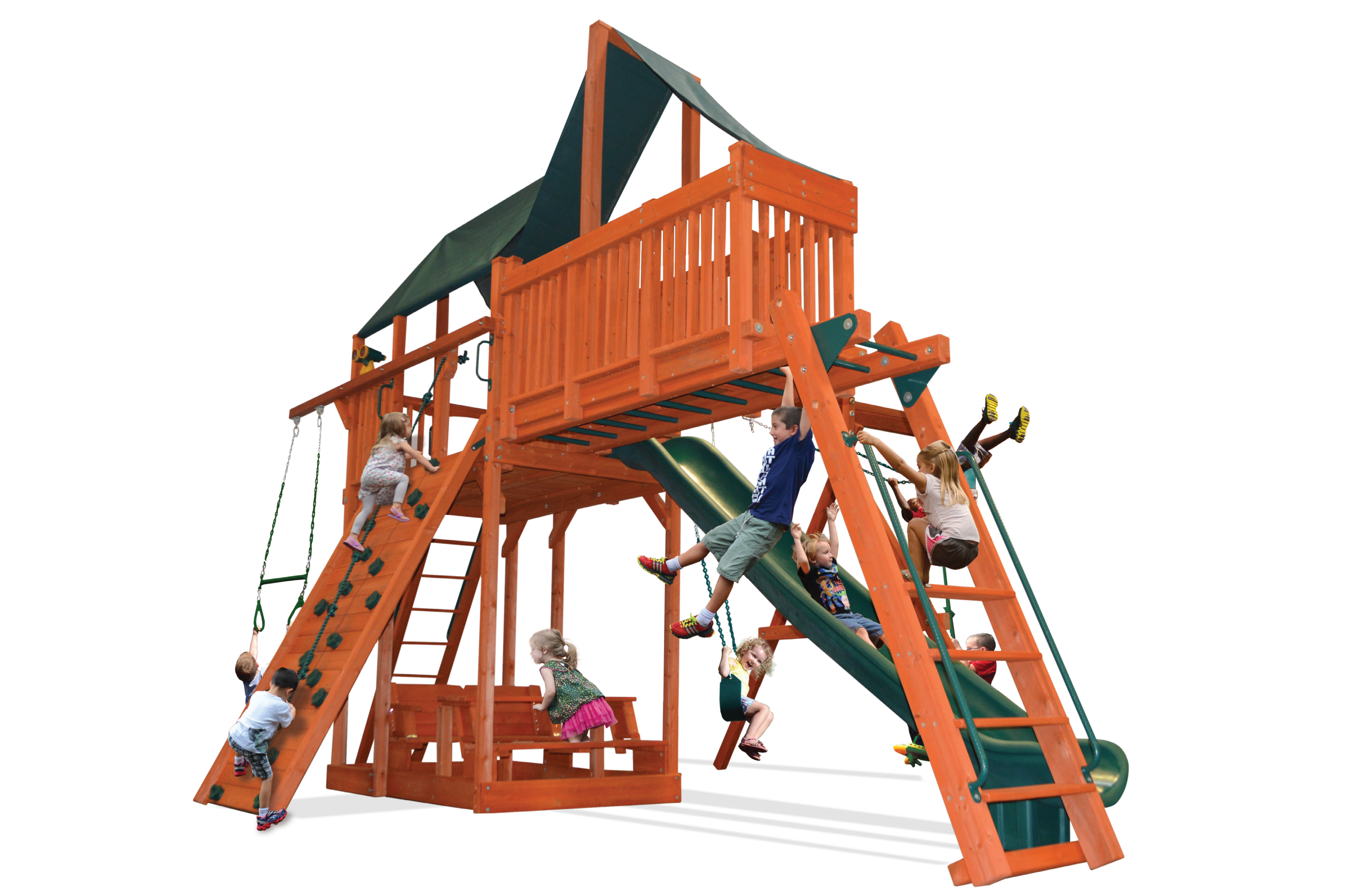 Extreme Fort Combo 4 (33E) playset: Large wooden play structure with slide, swings, climbing wall, and shaded upper deck—perfect for active kids.