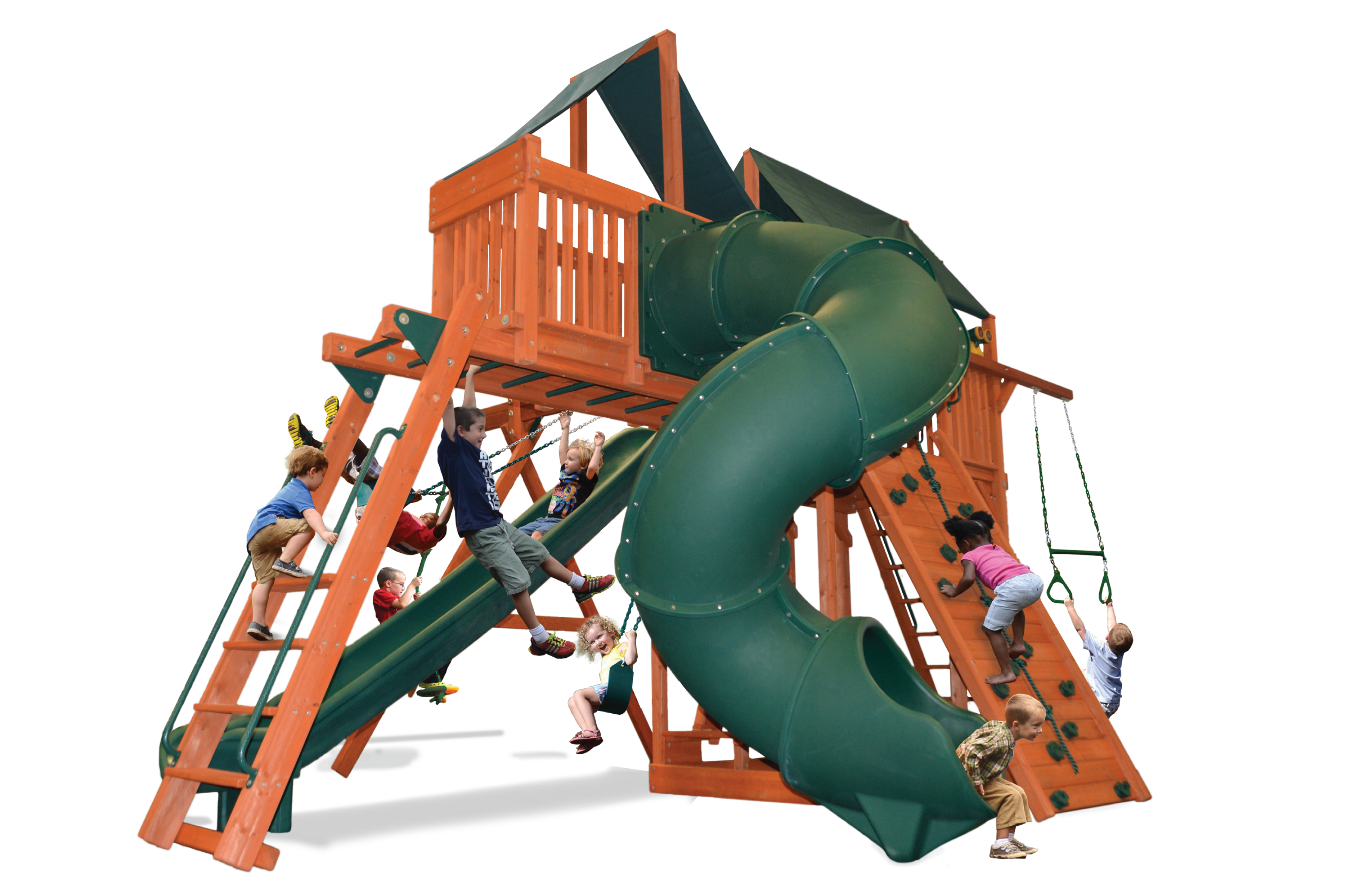 Extreme Fort Combo 5 (33F) playset: Large wooden structure with green slide, climbing wall, and swings—perfect for kids' outdoor fun.