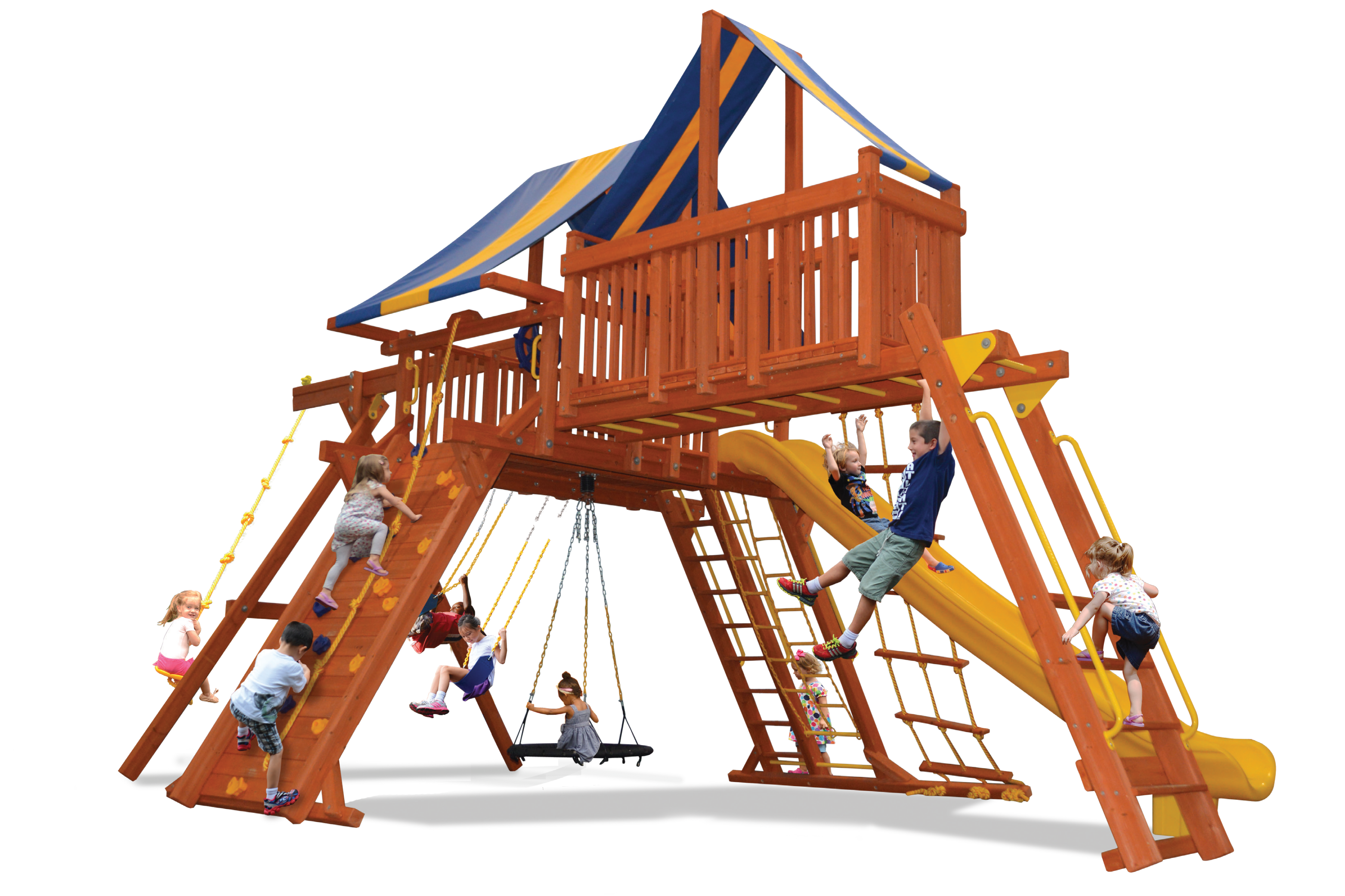 Extreme Playcenter Combo 4 (35D): Wooden playset with slide, swings, climbing wall, and canopy for kids.