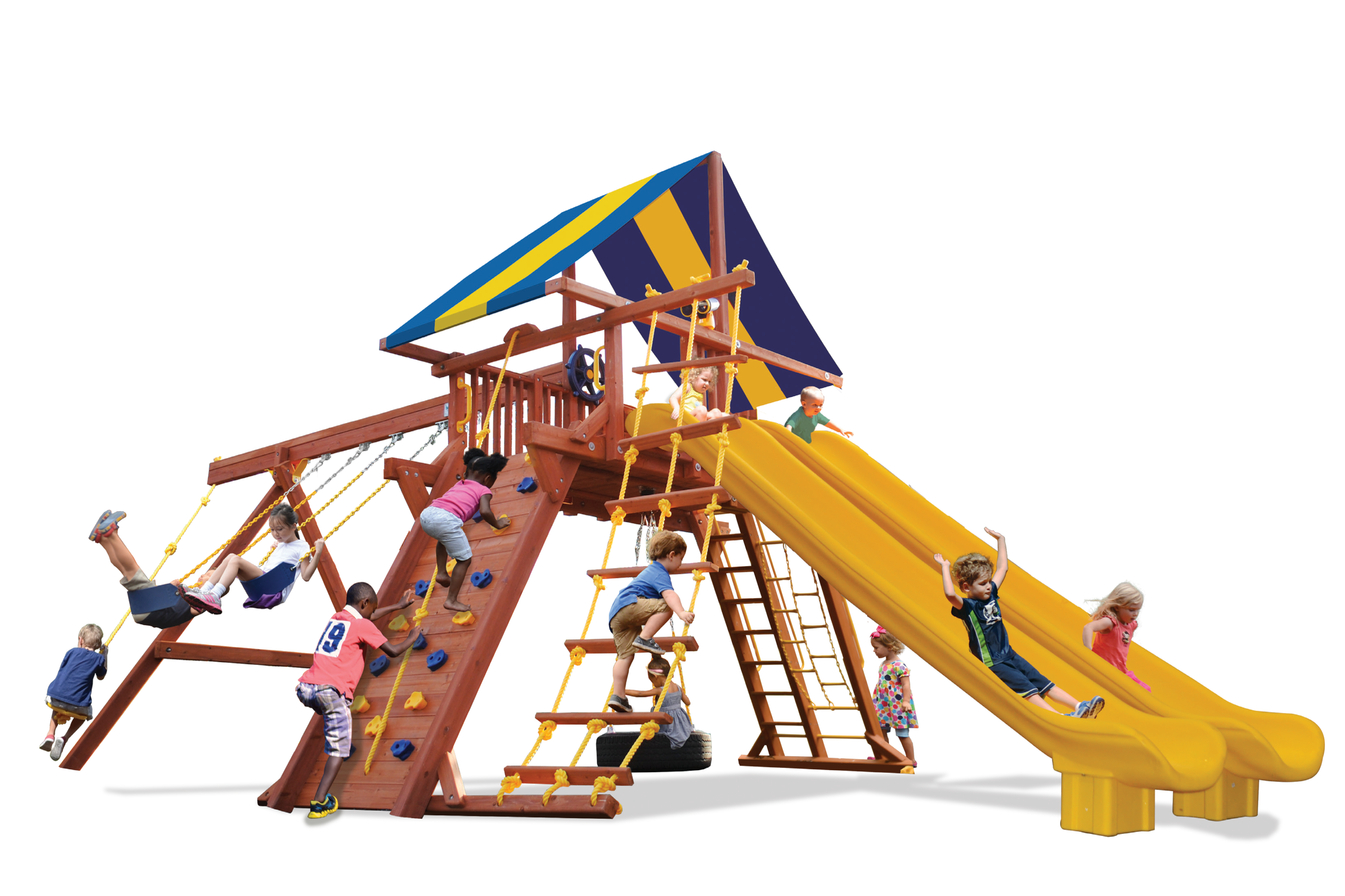 Extreme Playcenter Double Trouble (35F) playground set: wooden structure with 2 slides, swings, rock wall, rope ladder, and shade canopy.