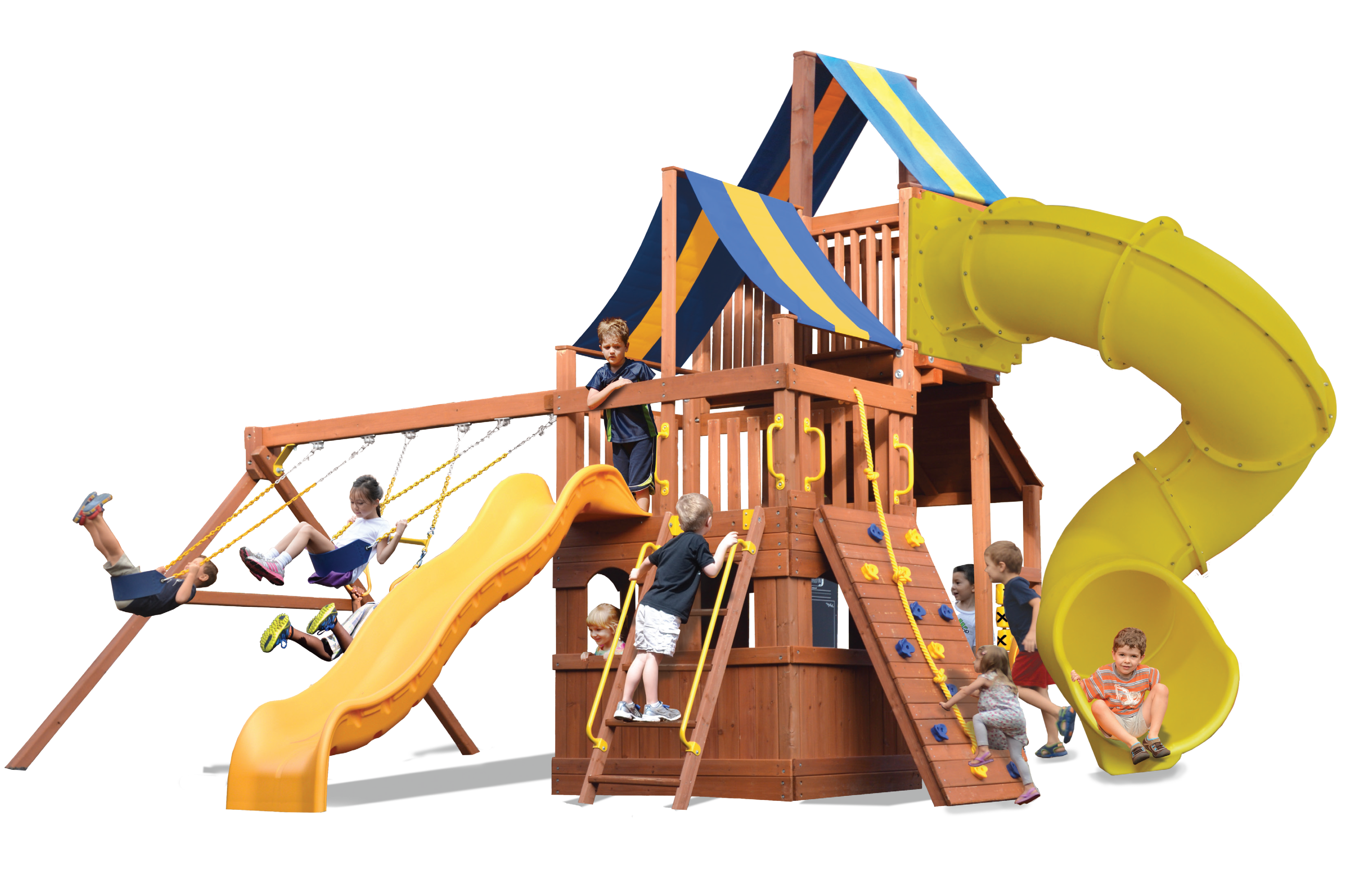 Original Fort High Roller (37B) playset: Wooden structure with slides, swings, and climbing wall; perfect for backyard fun.