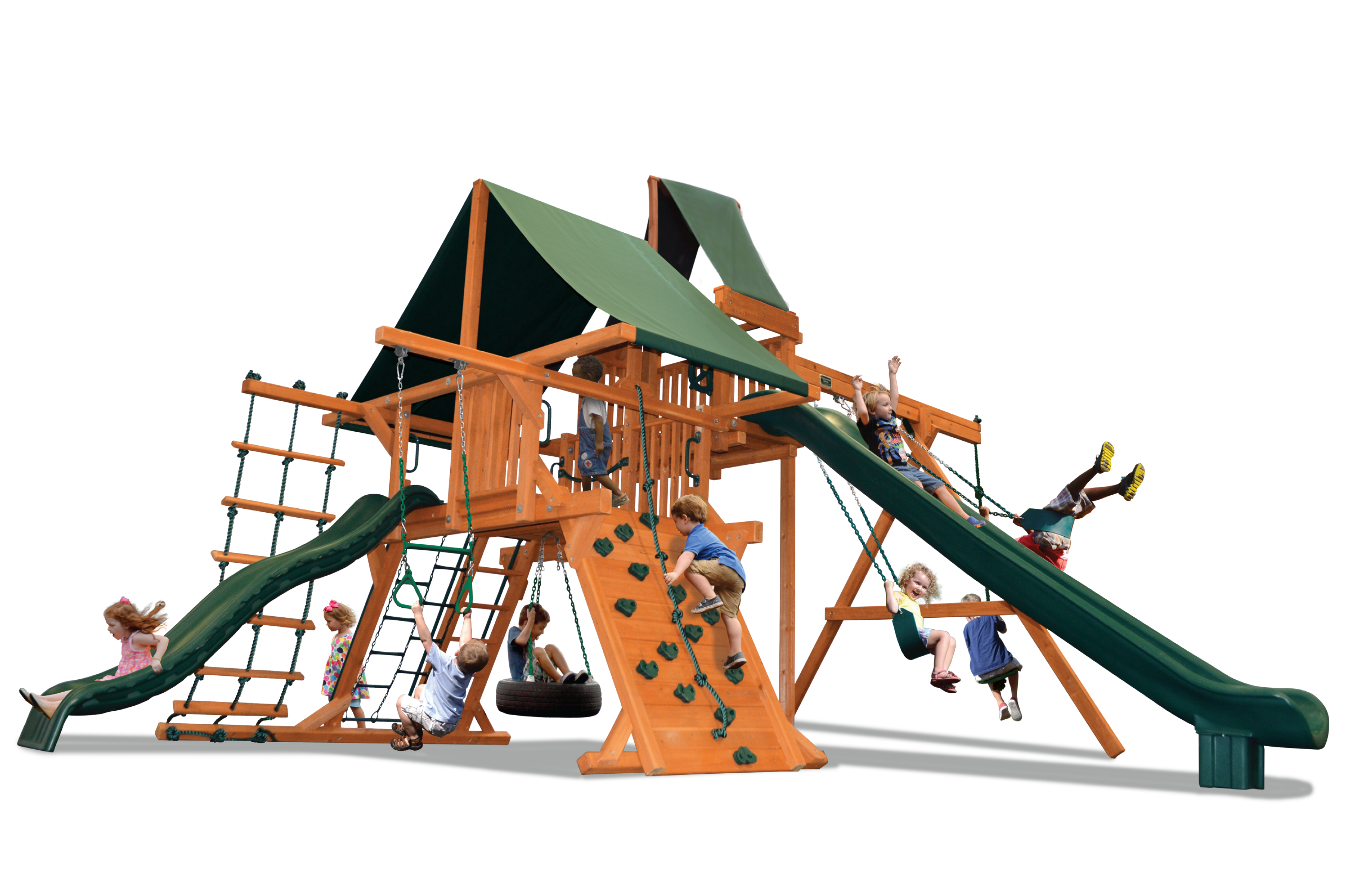 Deluxe Playcenter Amped Up (38C) wooden playset with slides, swings, climbing wall, and rope ladder—perfect for backyard fun.