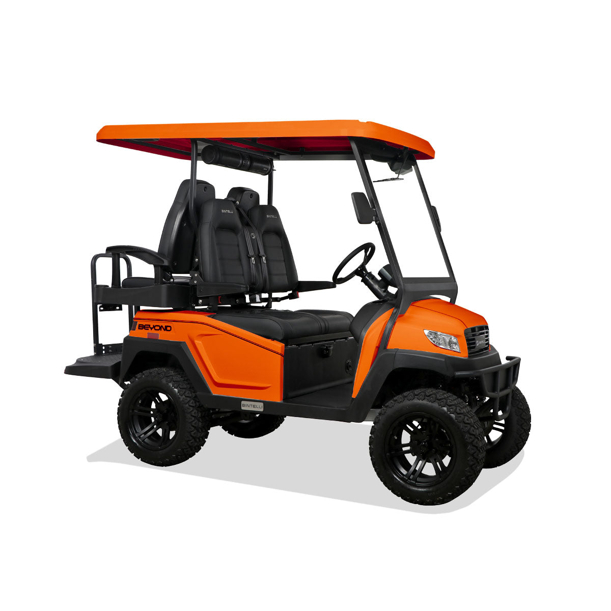 Beyond 4 Lifted EV Golf Cart: orange, two-seater, all-terrain tires.