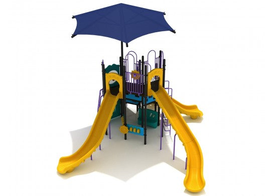 Abilene Surplus playground: shaded multi-level play structure with 2 yellow slides.