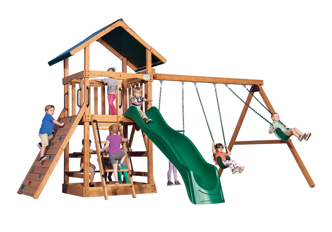 Adventure Outlook 1 wooden playset with slide, swings, and climbing wall for kids.