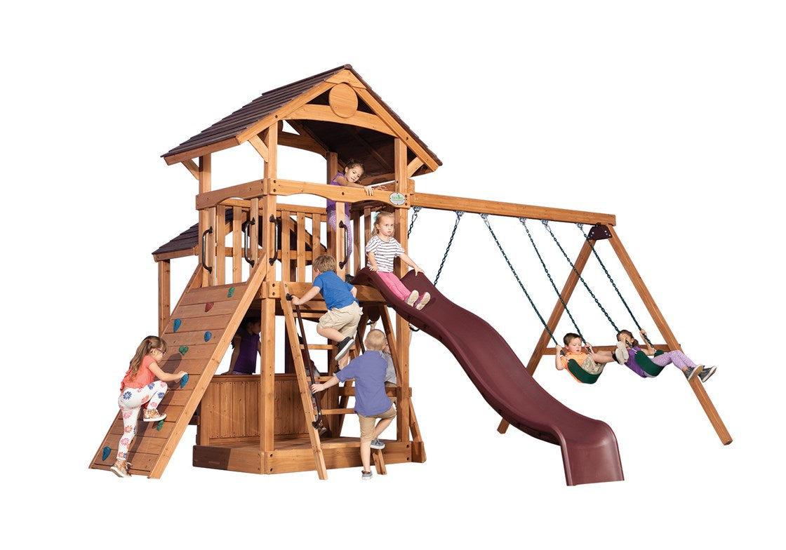 Adventure Outlook 2 wooden playset with slide, swings, and climbing wall; perfect for backyard fun.