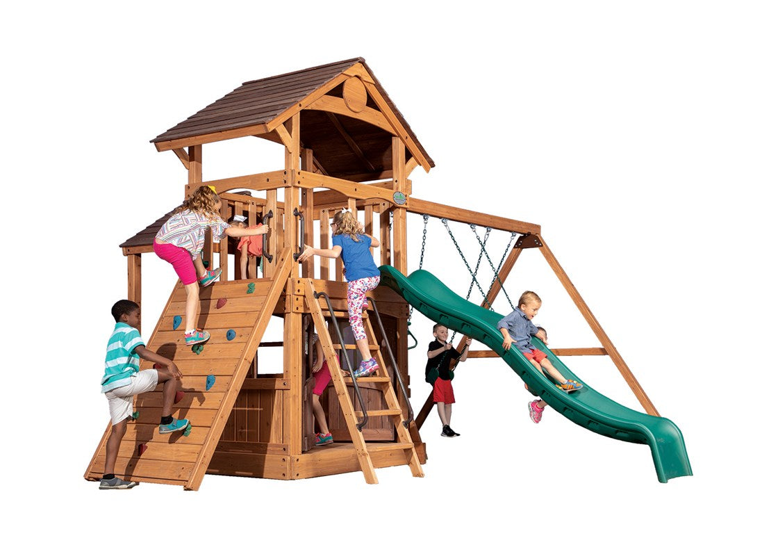 Adventure Outlook 3 wooden playset with climbing wall, slide, and swings for kids.