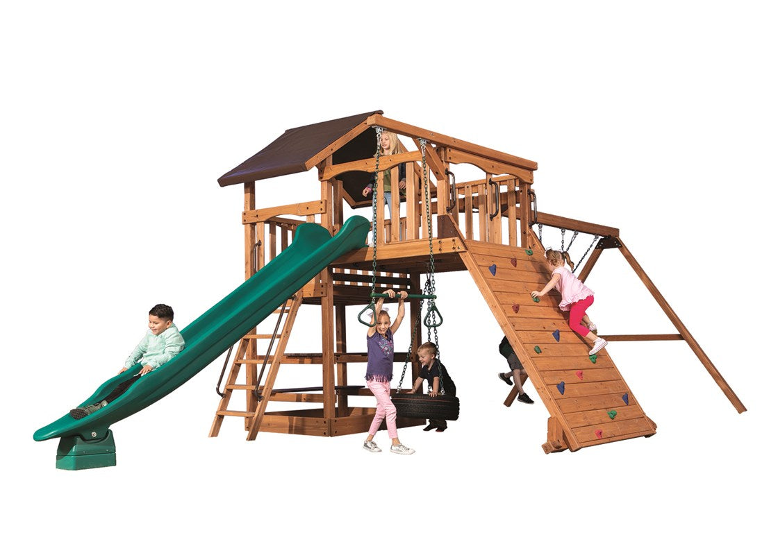 Adventure Outlook 4 wooden playset:  Climbing wall, slide, swings, & monkey bars for kids.