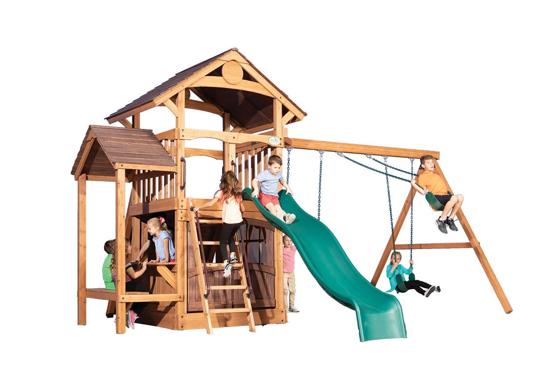 Adventure Outlook XL 2 wooden playset:  Green slide, swings, & climbing structures for kids.