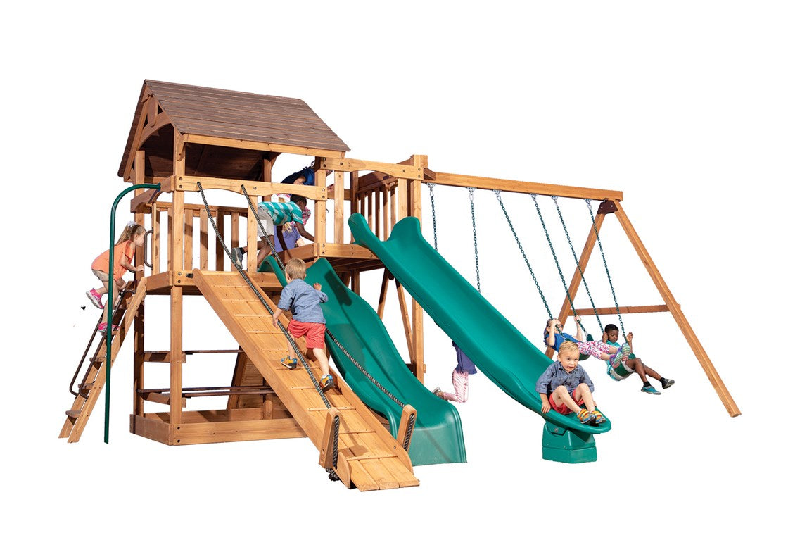Adventure Outlook XL 3 Wooden Playset: Two slides, swings, climbing wall, and playhouse for kids.