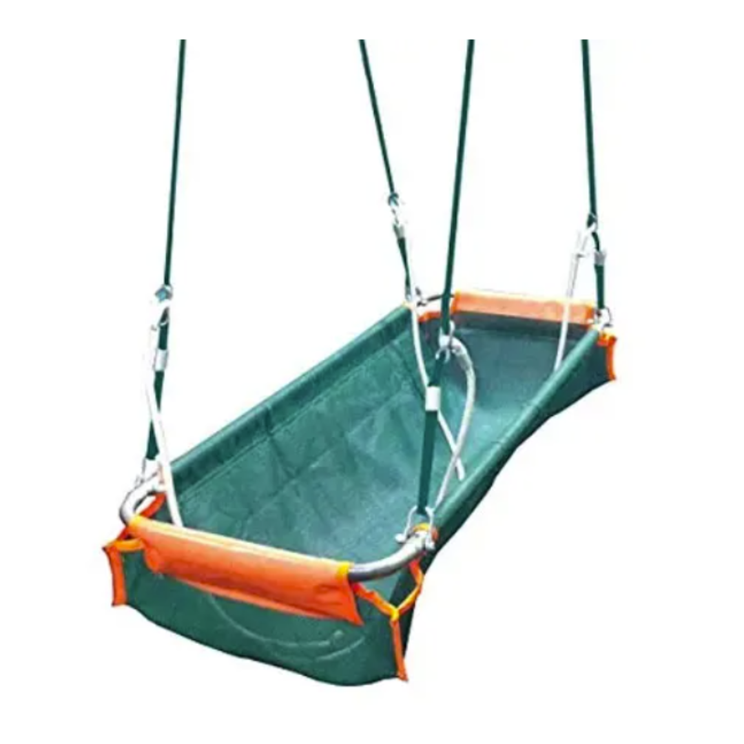 Pirate's Boat Swing: Durable green canvas boat swing with orange trim, perfect for backyard fun.