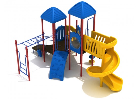 Cooper's Neck playground:  Blue, yellow, & red playset with slides, climbing wall, & monkey bars.