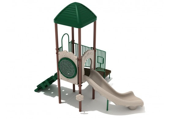 Eagle's Perch playset:  Green & brown structure with beige slide, enclosed play area & maze panel.