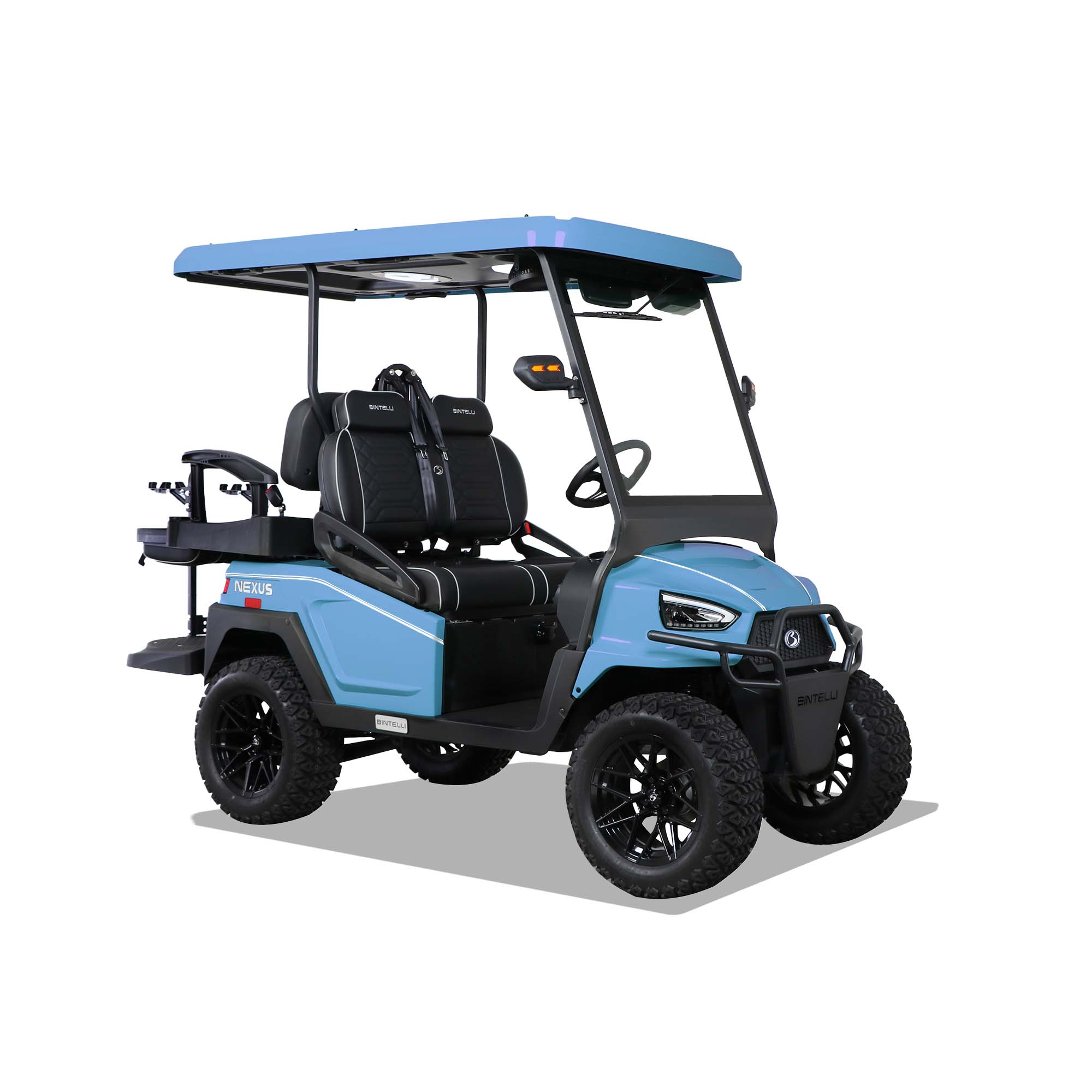 Bintelli Nexus 4 Lifted EV golf cart:  light blue, all-terrain tires, luxury seats.