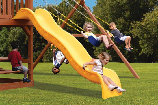 Wave Slide - 10' yellow plastic slide for kids' playsets; shown with children playing.