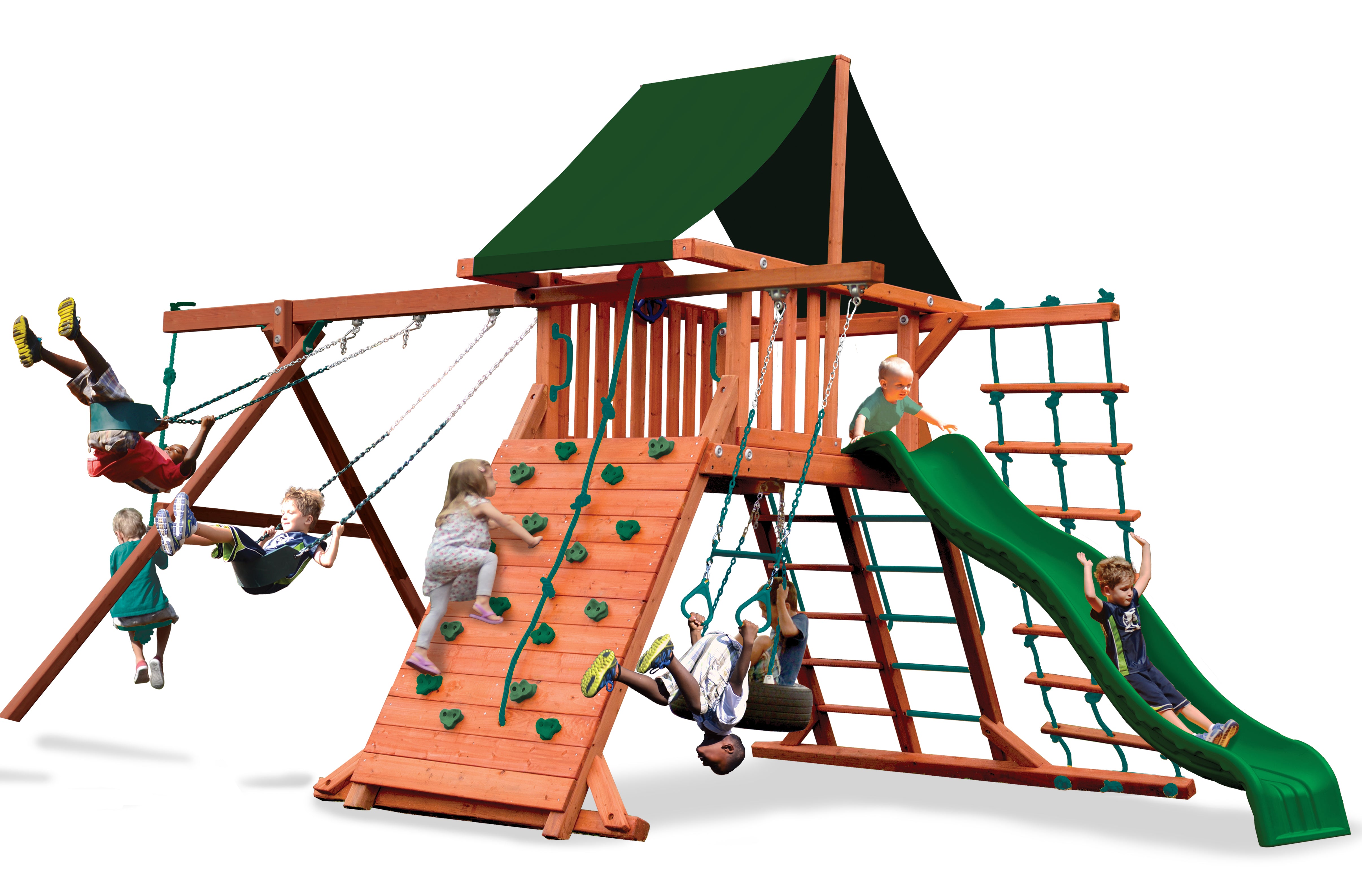 Original Playcenter Combo 2 (14A) wooden playset: swings, slide, climbing wall, rope ladder, green canopy.