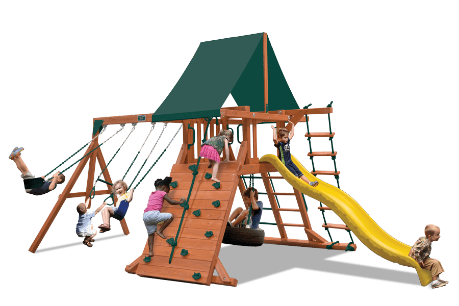 Classic Playcenter (11B): Wooden playset with swings, climbing wall, slide, and rope ladder—perfect for active kids!