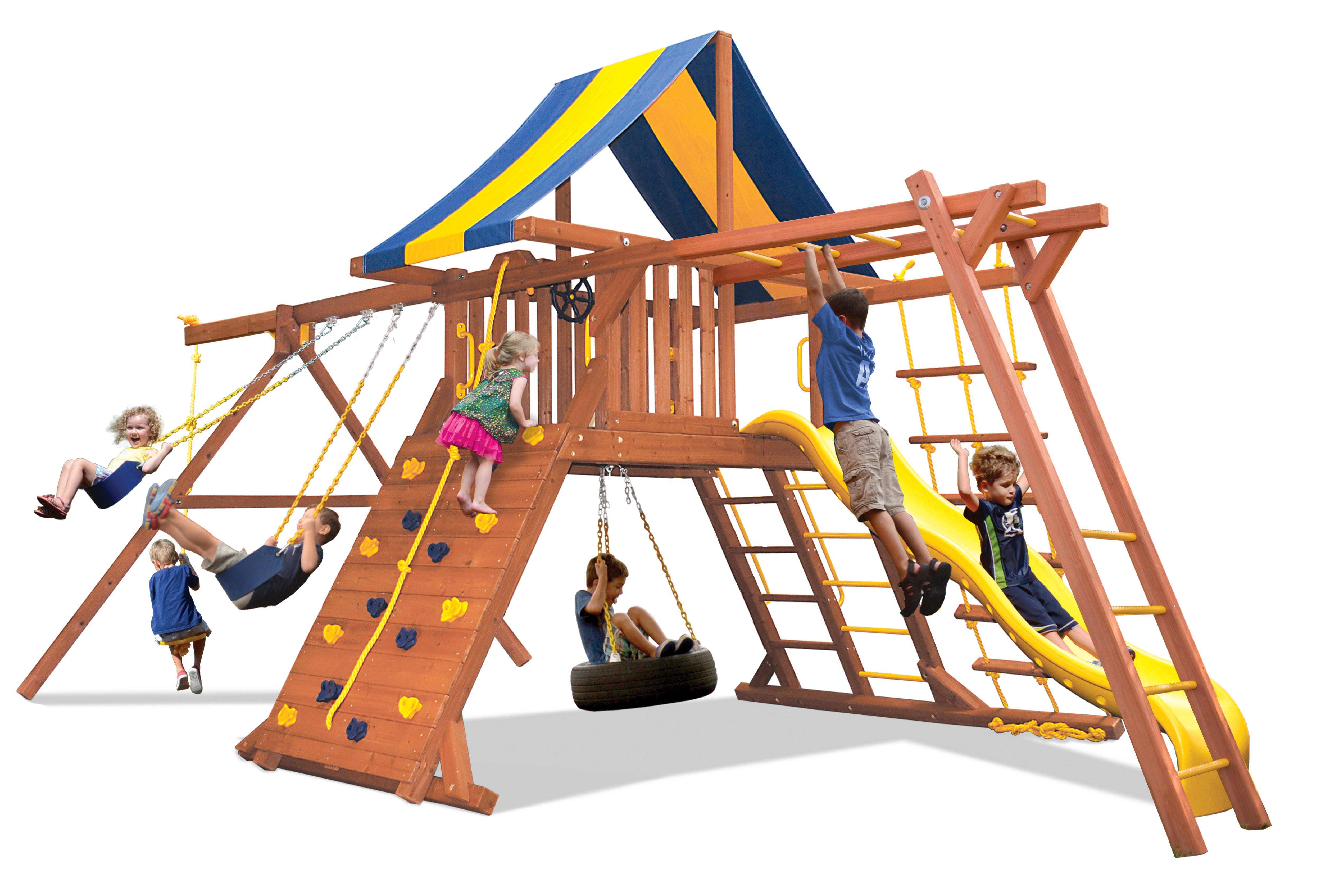 Original Playcenter Combo 3 (15C) wooden playset: swings, climbing wall, slide, & monkey bars; perfect for backyard fun.