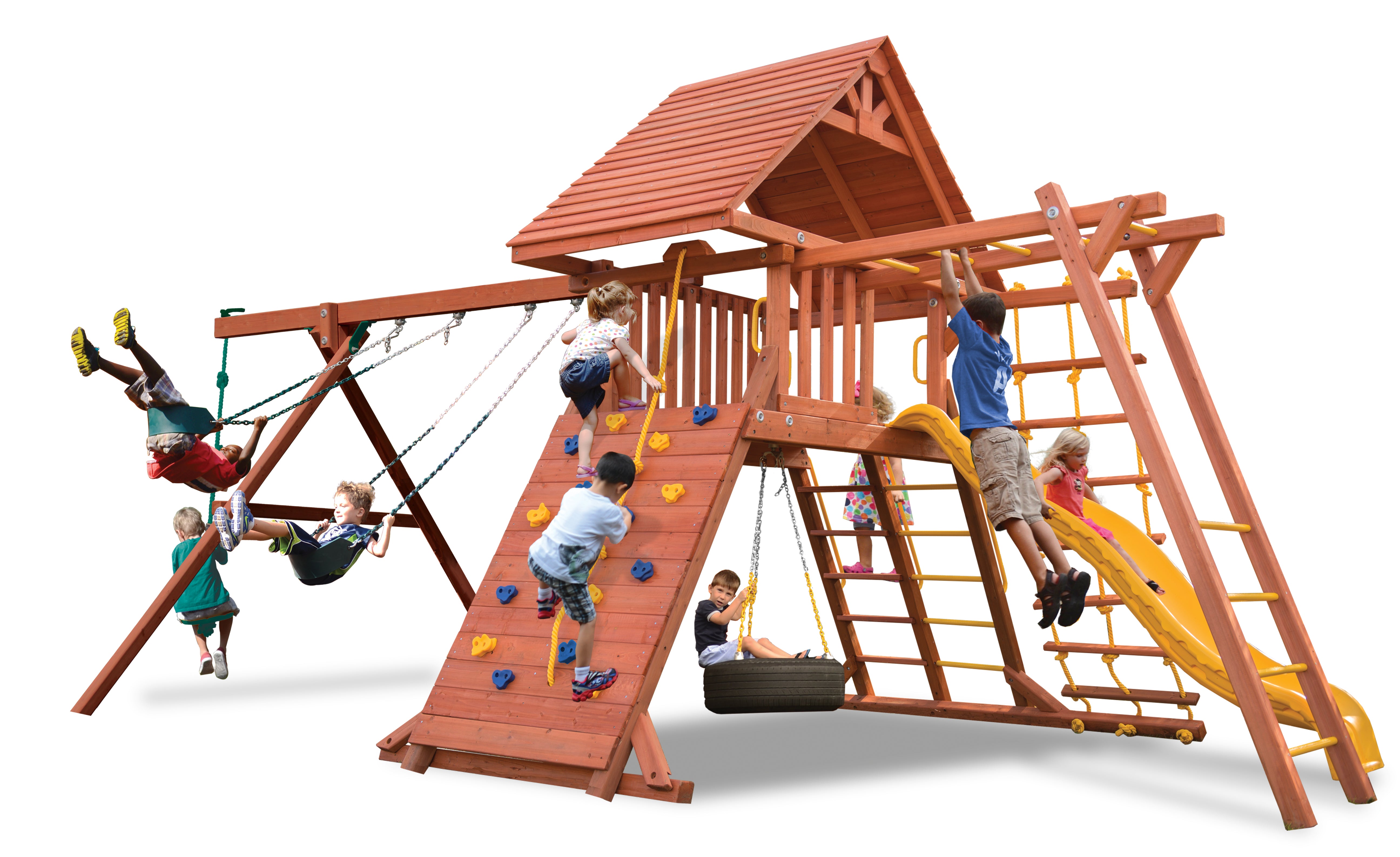 Original Playcenter Combo 3 wood playset with roof, swings, slide, & climbing wall.