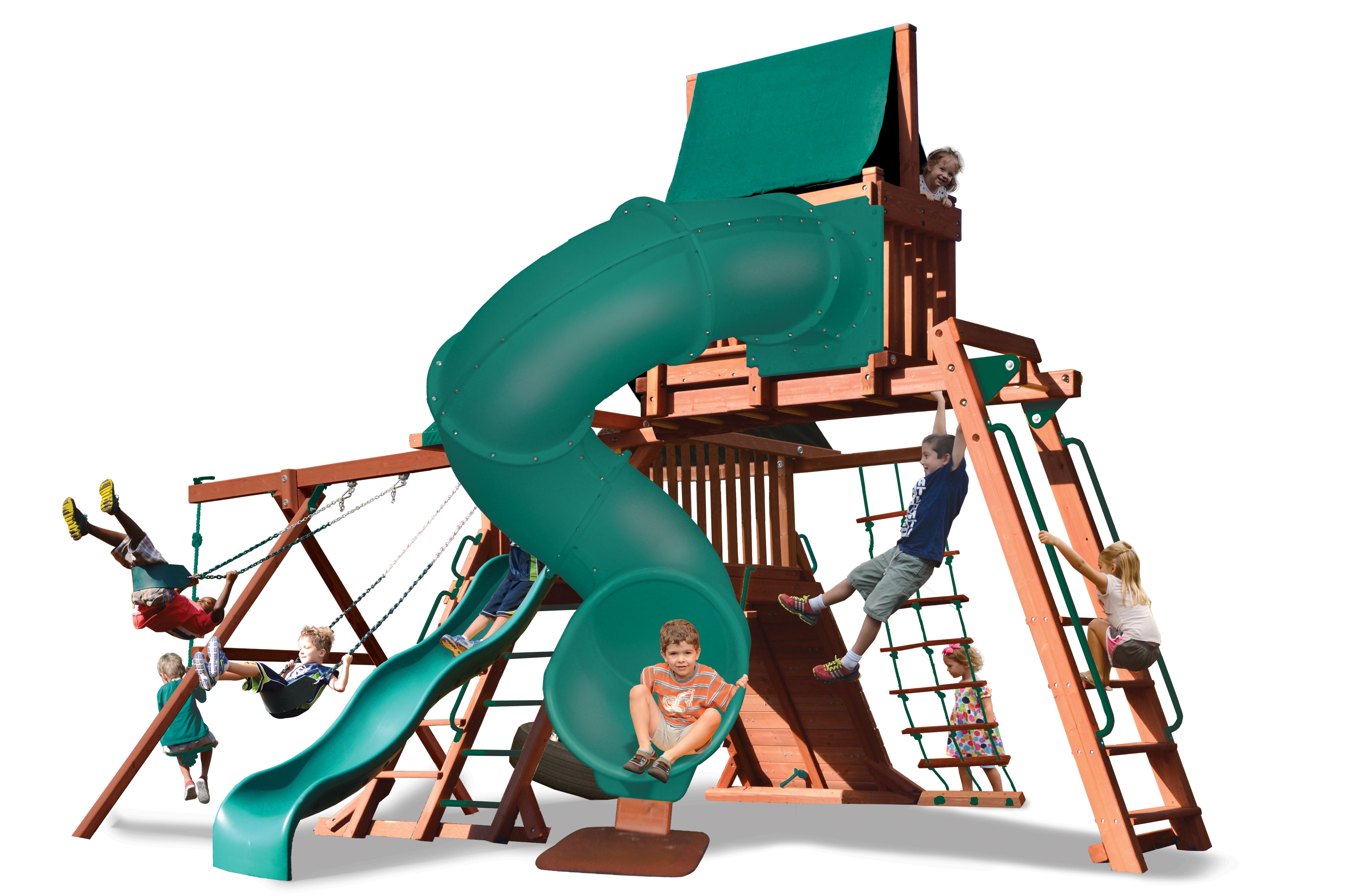 Original Playcenter Combo 5 (15F) playset:  Wooden structure with green slides, swings, climbing wall, and kids playing.