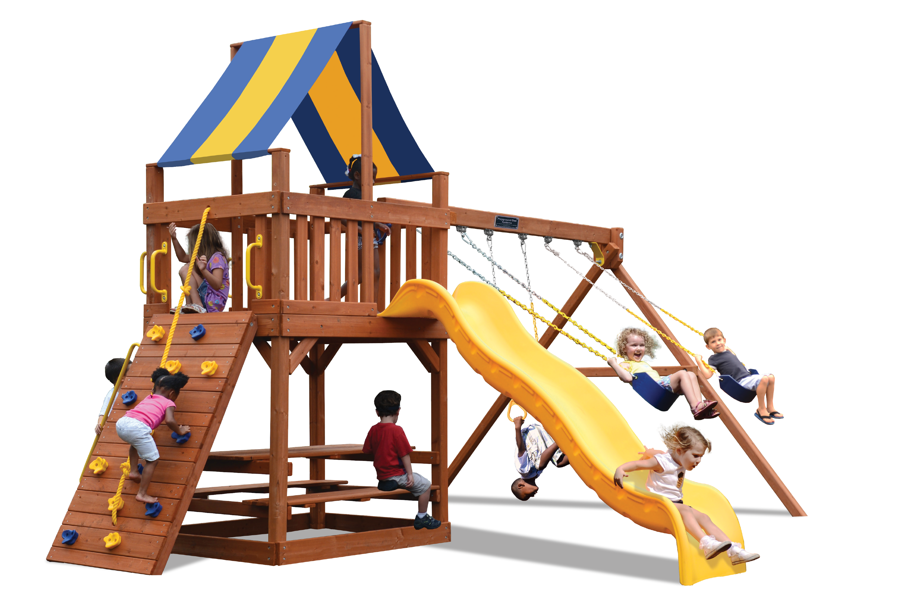 Original Fort Combo 2 (12A) playset: Wooden structure with yellow slide, swings, climbing wall, and canopy.