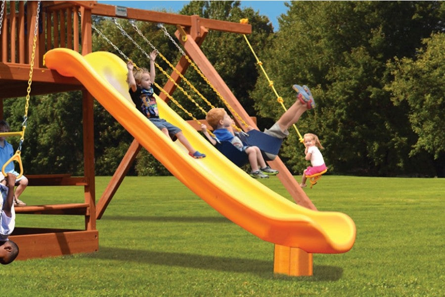 Super Slide - 13' playground slide; kids enjoying a long, orange slide in backyard