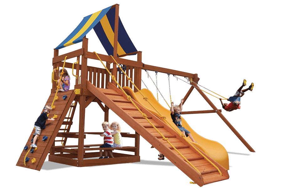 Original Fort Combo 2 with Deluxe Ramp (13B): Wooden playset with slide, swings, climbing wall, and canopy.