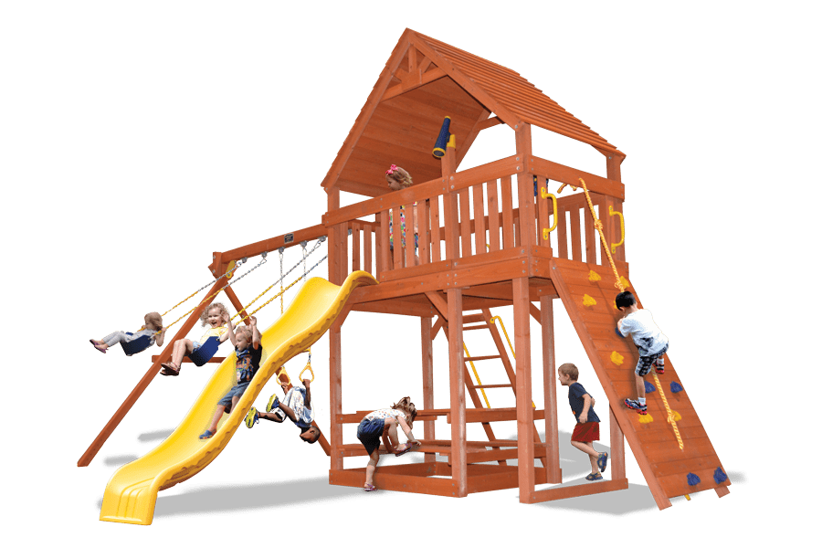 Original Fort Combo 2 XL wood playset with roof, slide, swings, and climbing wall.