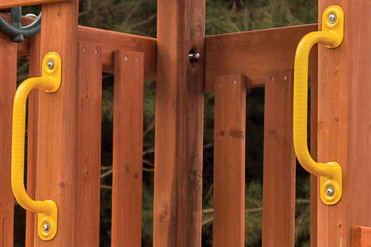 Pair of 10" yellow safety handles for playground equipment, easy grip.