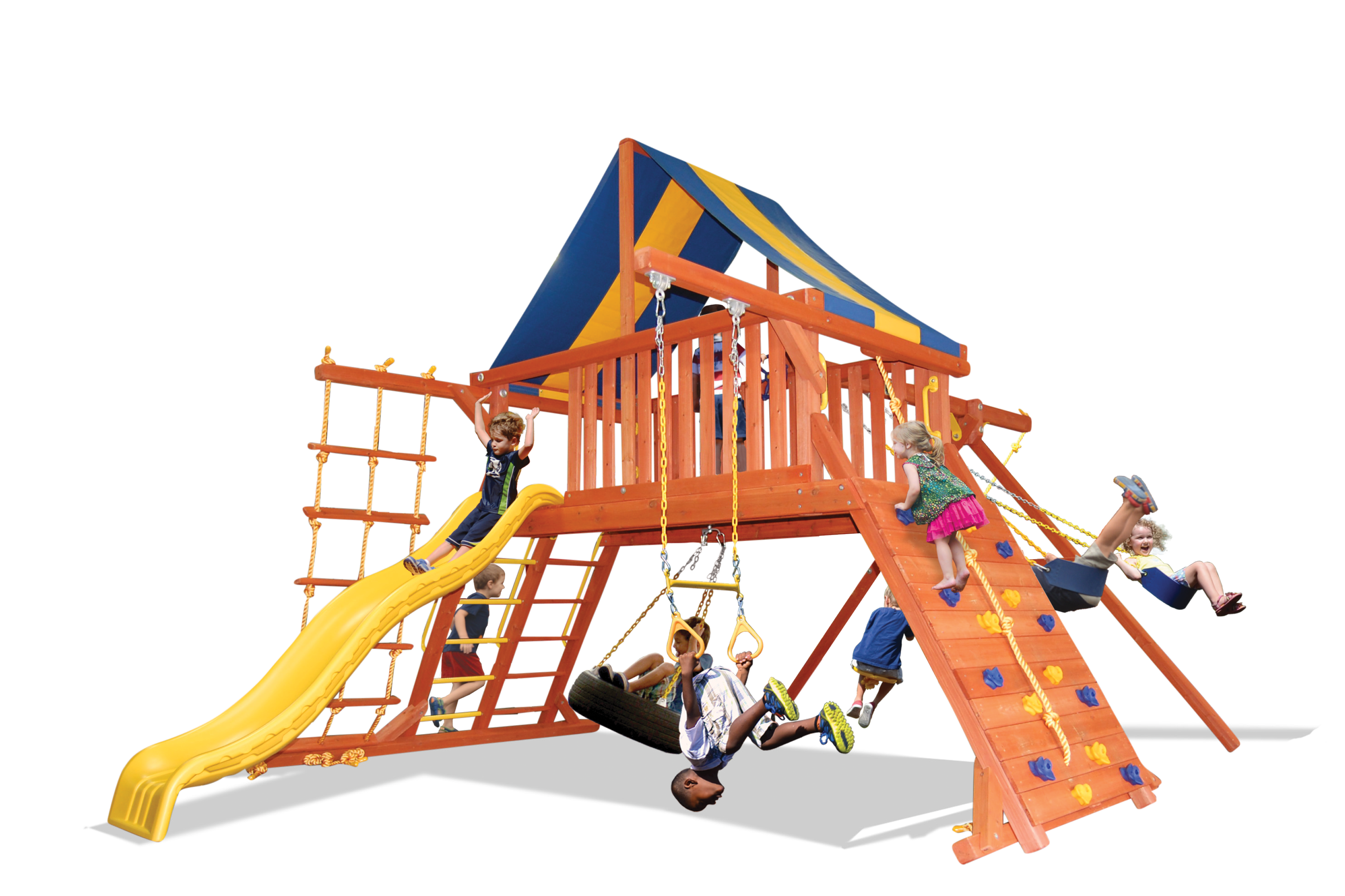 Original Playcenter Combo 2 XL (15A) wood playset: slide, swings, climbing wall, rope ladder, for kids.