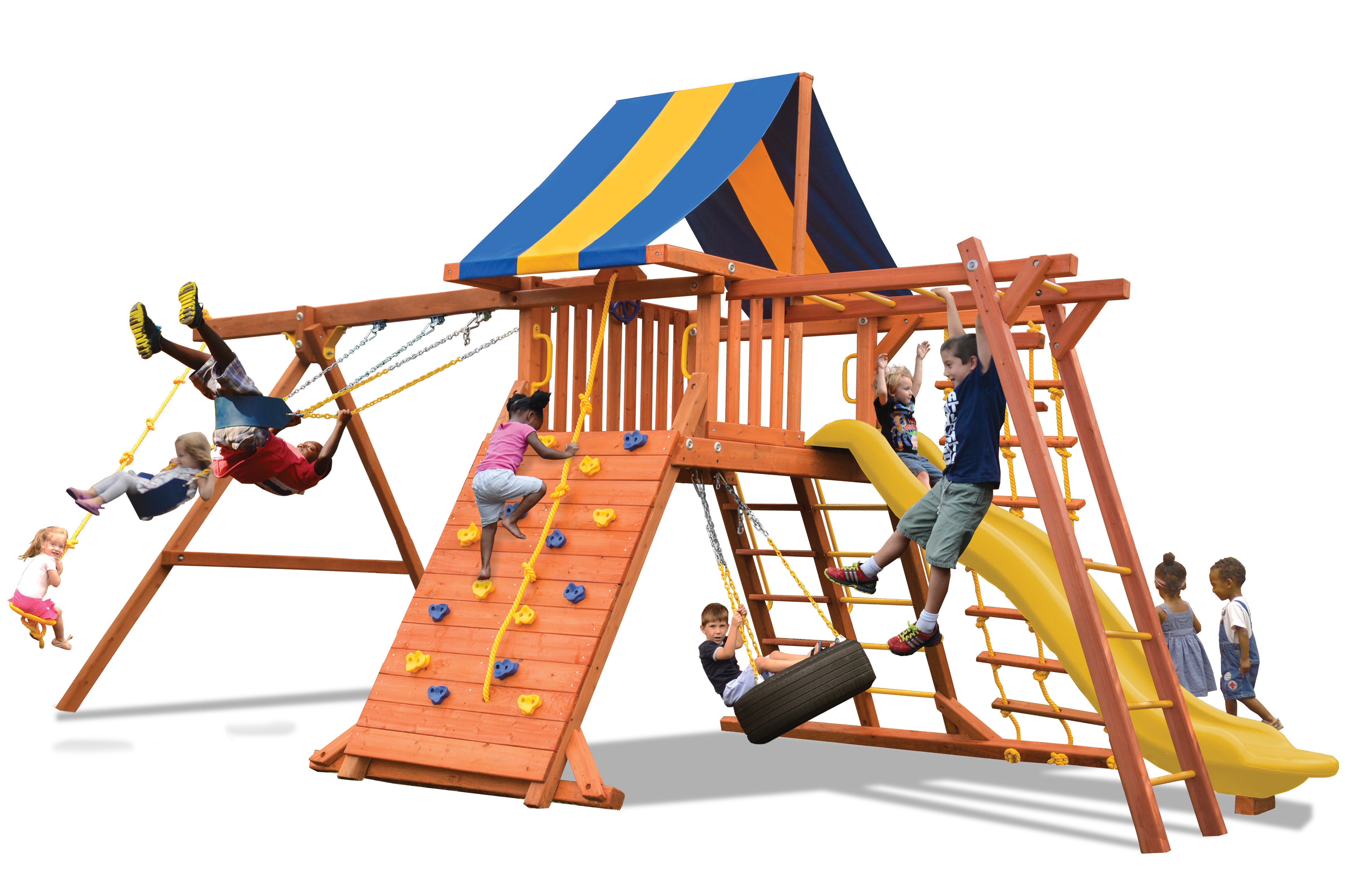 Turbo Original Playcenter Combo 3 (19C): Wooden playset with swings, slide, rock wall, and monkey bars; blue & yellow canopy.