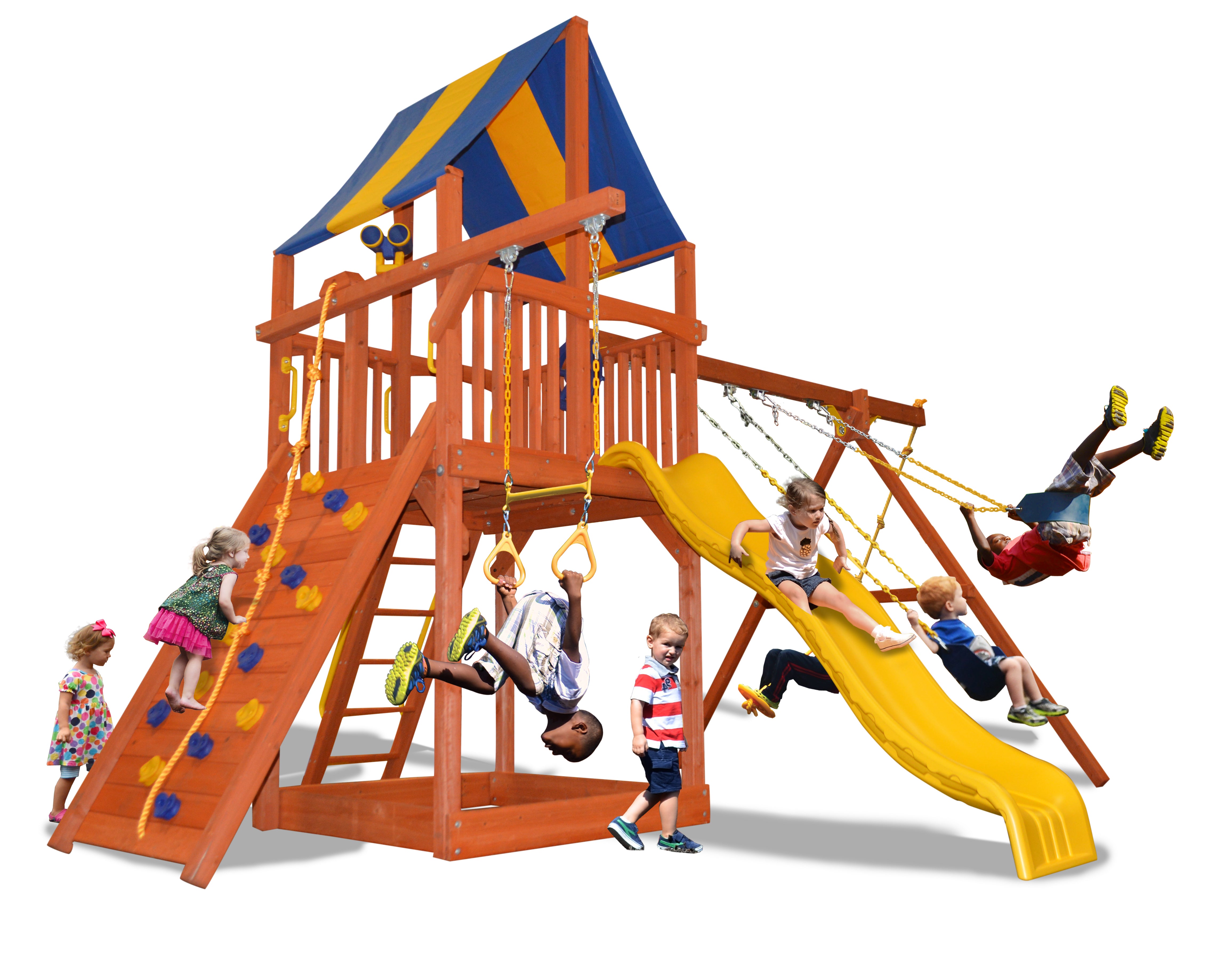Deluxe Fort Combo 2 (20A) Wooden Playset:  Swing set, slide, rock wall, & monkey bars for kids.