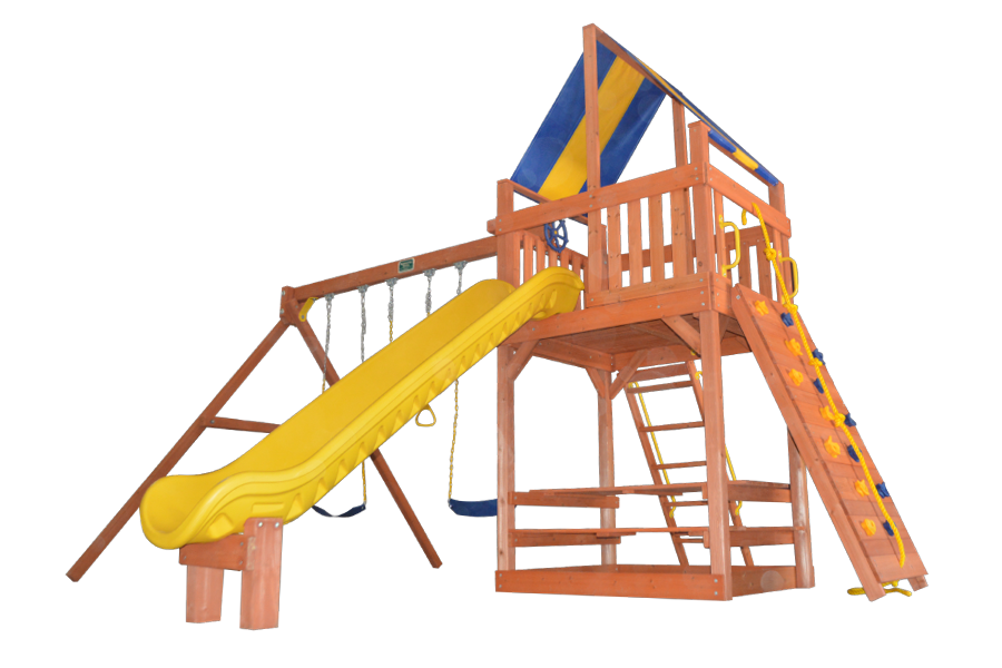 Turbo Original Fort Combo 2 (16A): Wooden playset with yellow slide, climbing wall, swings, and upper deck.