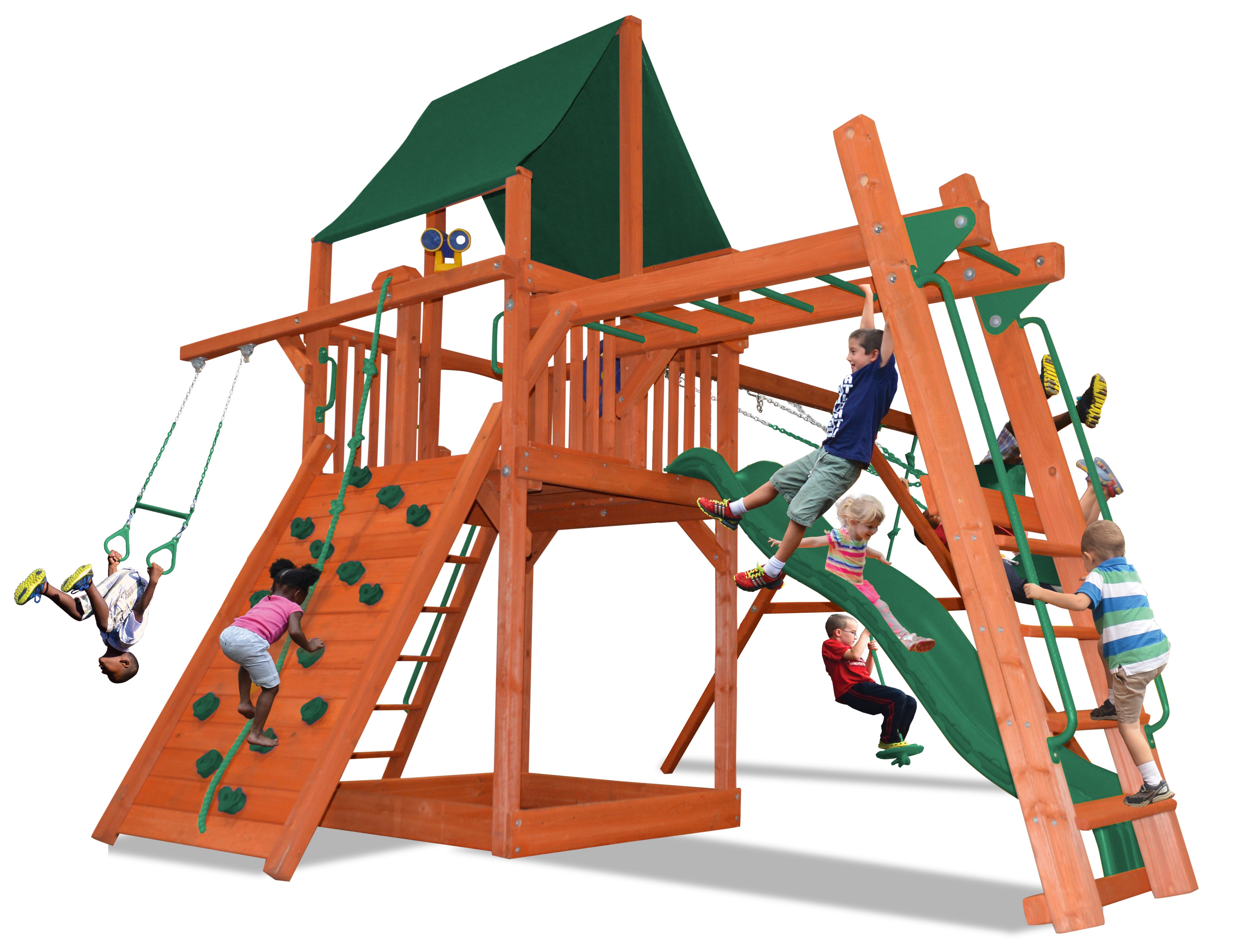Turbo Deluxe Fort Combo 3 (21A): Wooden playset with slide, swings, rock wall, & monkey bars; green accents.