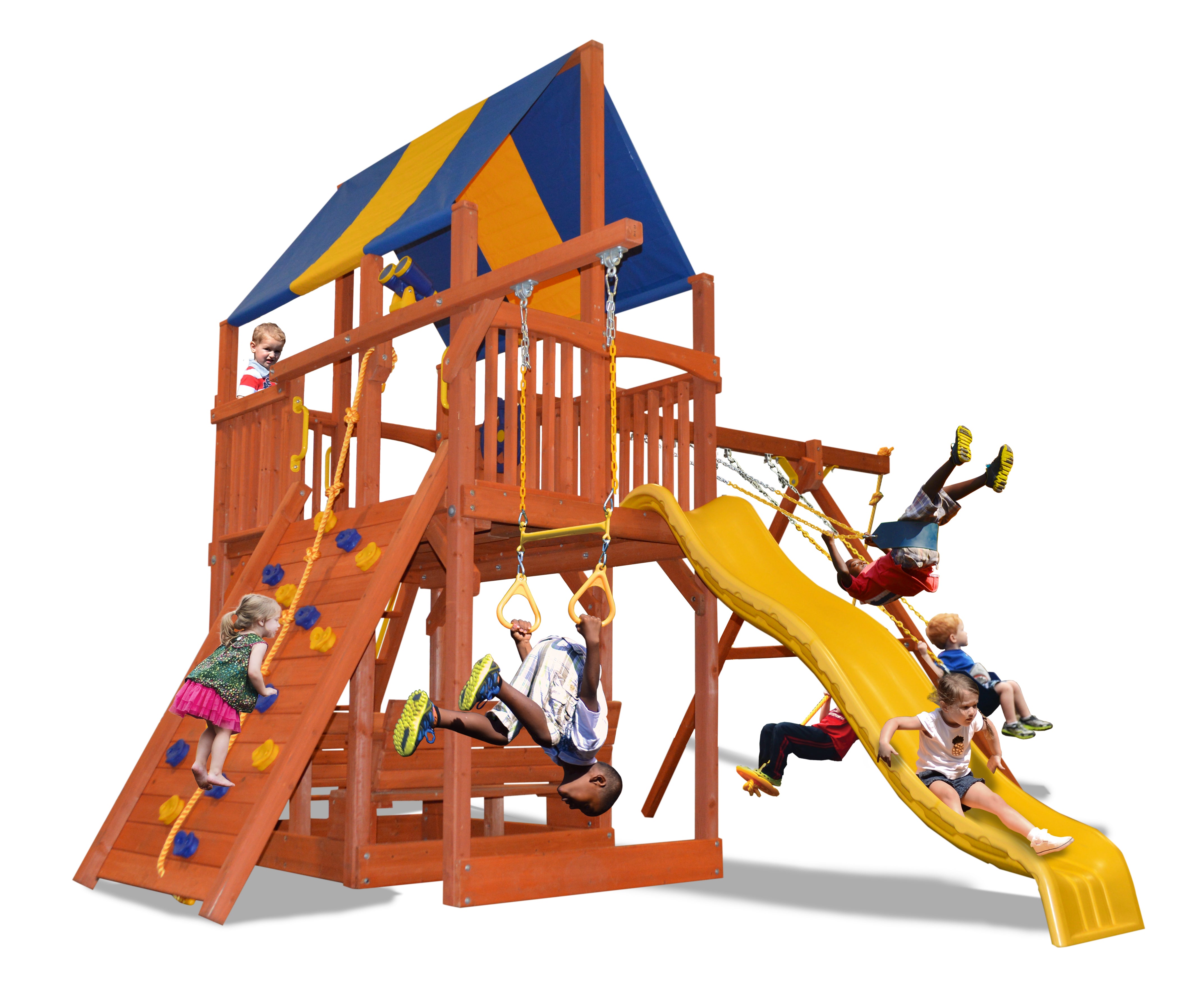 Deluxe Fort XL (21B) wooden playset:  Climbing wall, slide, swings, & monkey bars for kids.