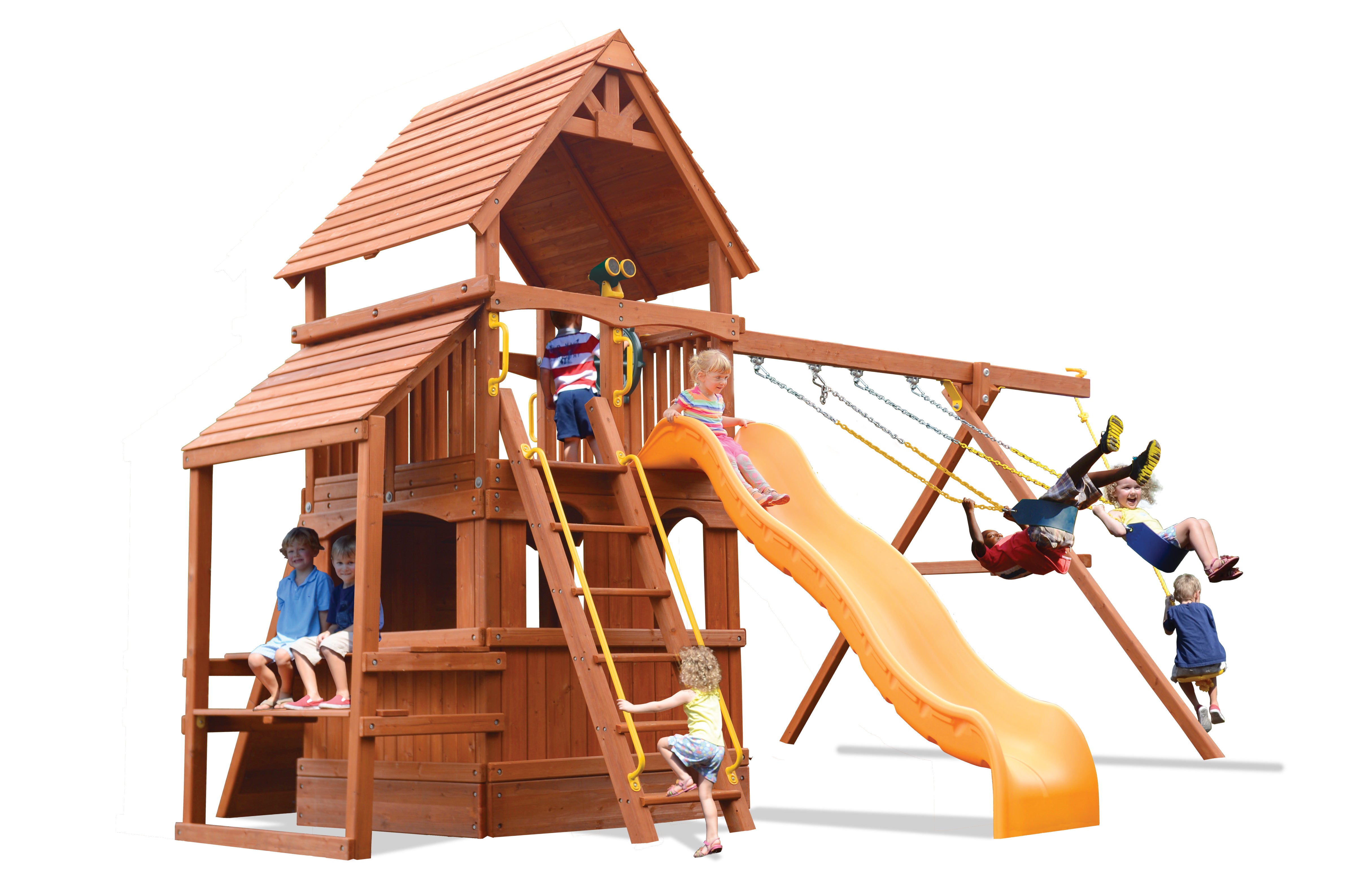 Deluxe Fort Hangout (21D) playset: Wooden playset with slide, swings, & climbing ladder; perfect for backyard fun.