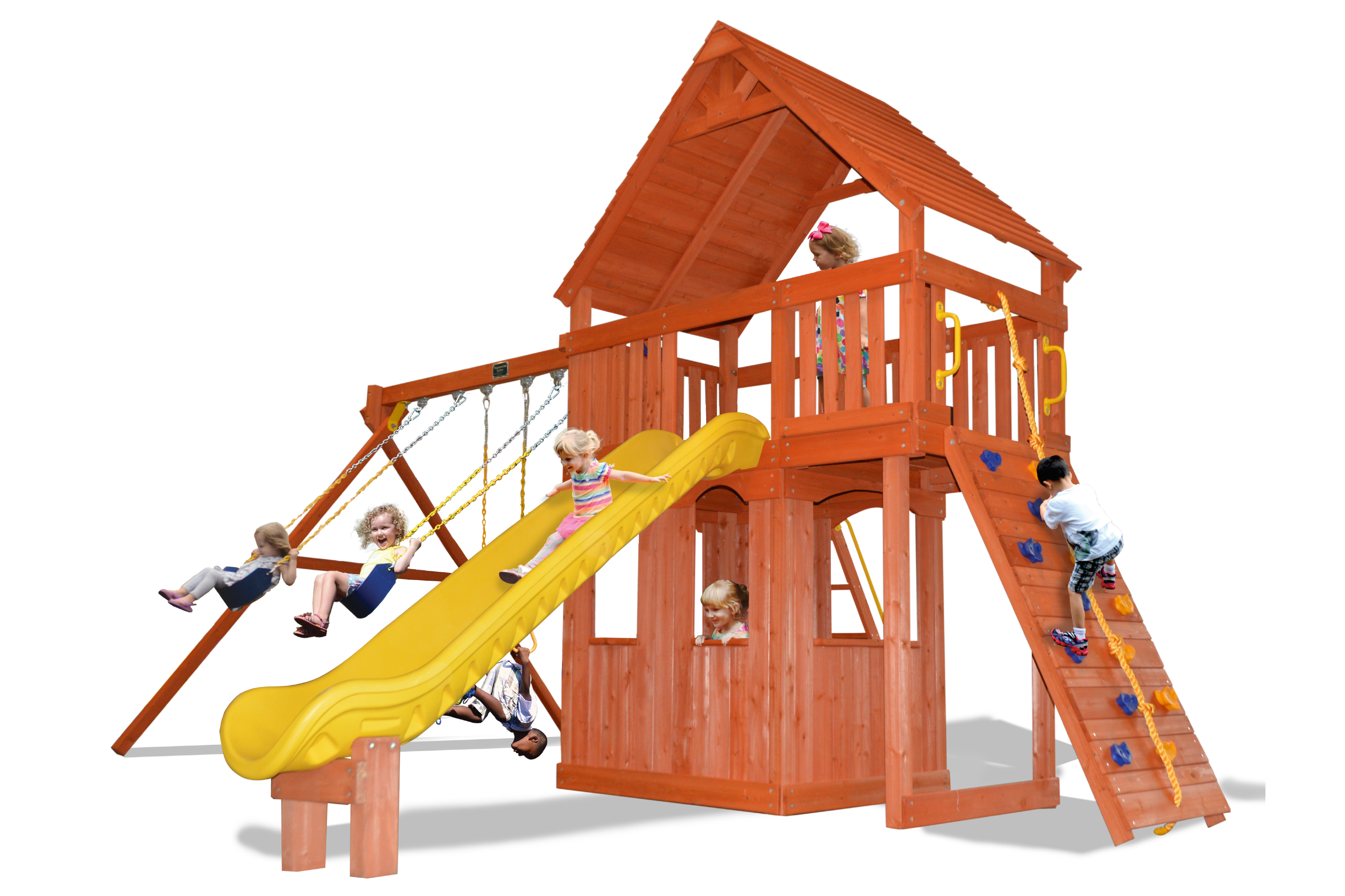 Turbo Original Fort Combo 2 XL playset: wood playhouse, yellow slide, swings, & climbing wall.
